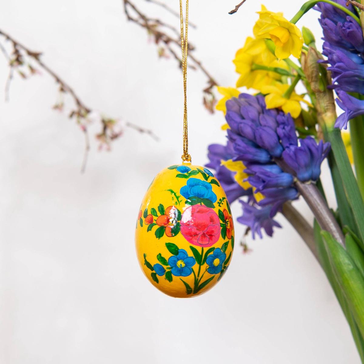 Yellow Floral Wooden Egg Decoration [Hand Painted]