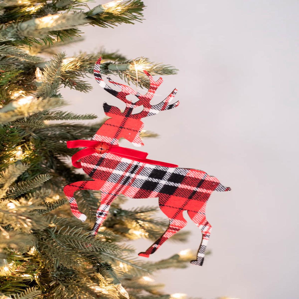 11 Inch MDF Fabric Plaid Deer Ornament