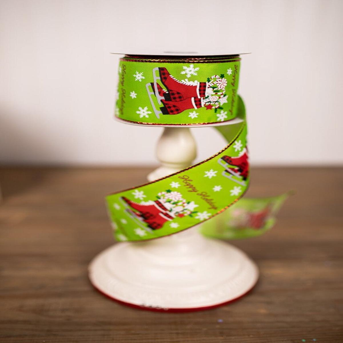 2.5 Inch x 10 Yard Green Happy Holidays Christmas Ribbon