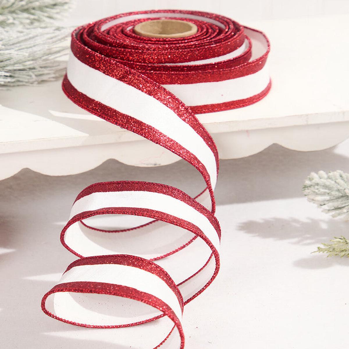 2.5 Inchi x 10 Yard White Dupioni with Red Glitter Stripe Ribbon Peppermint Christmas Wired Ribbon
