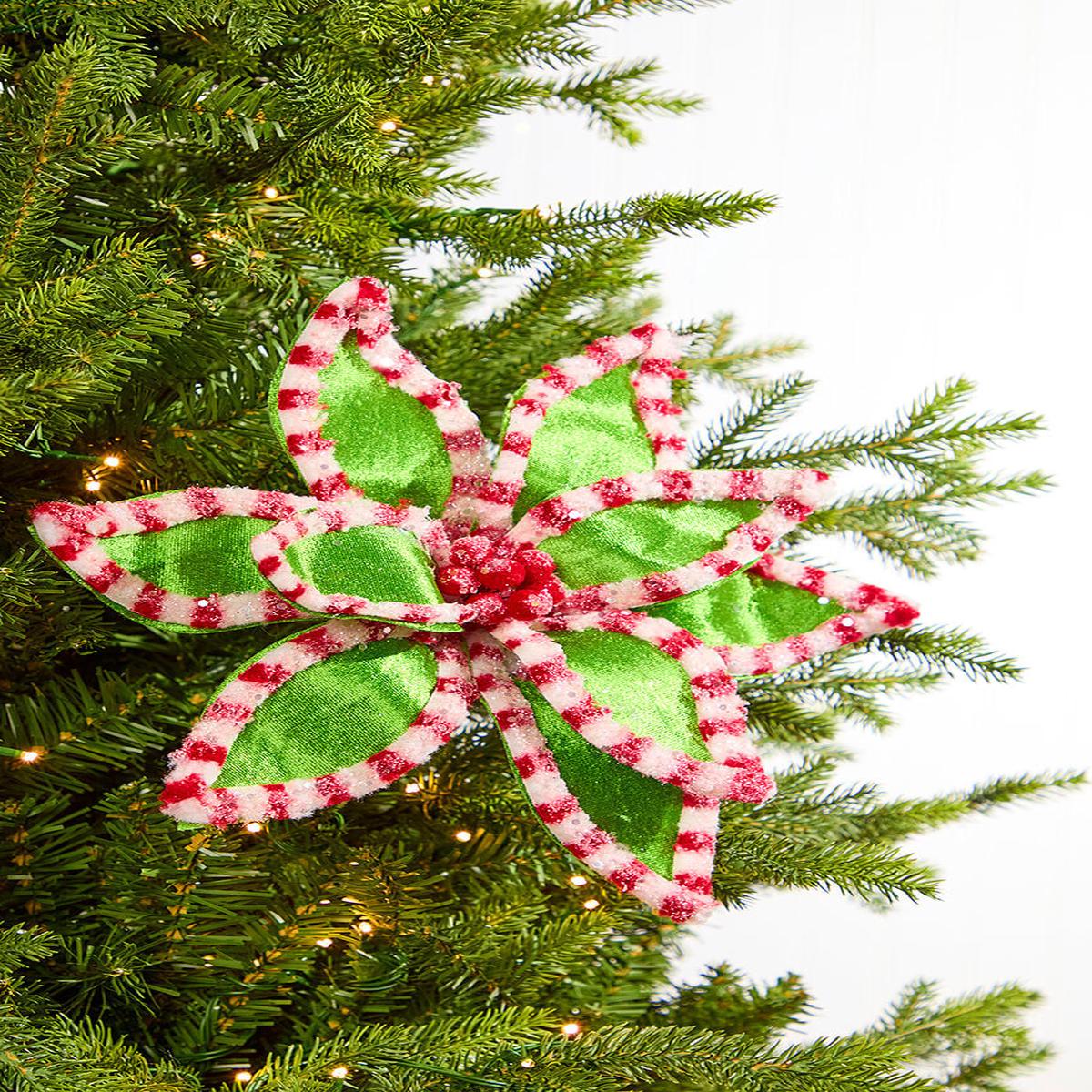 22 Inch Green Peppermint Trim Poinsettia Stem Christmas Decor