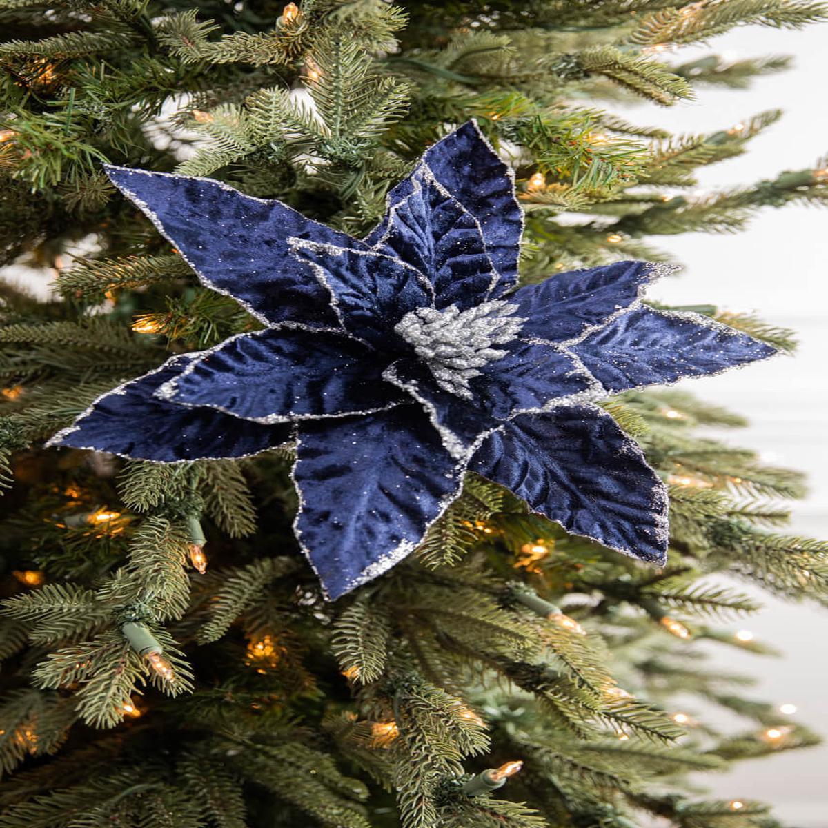 24 Inch x 12.5 Inch Navy Glitter Edge Velvet Poinsettia Stem
