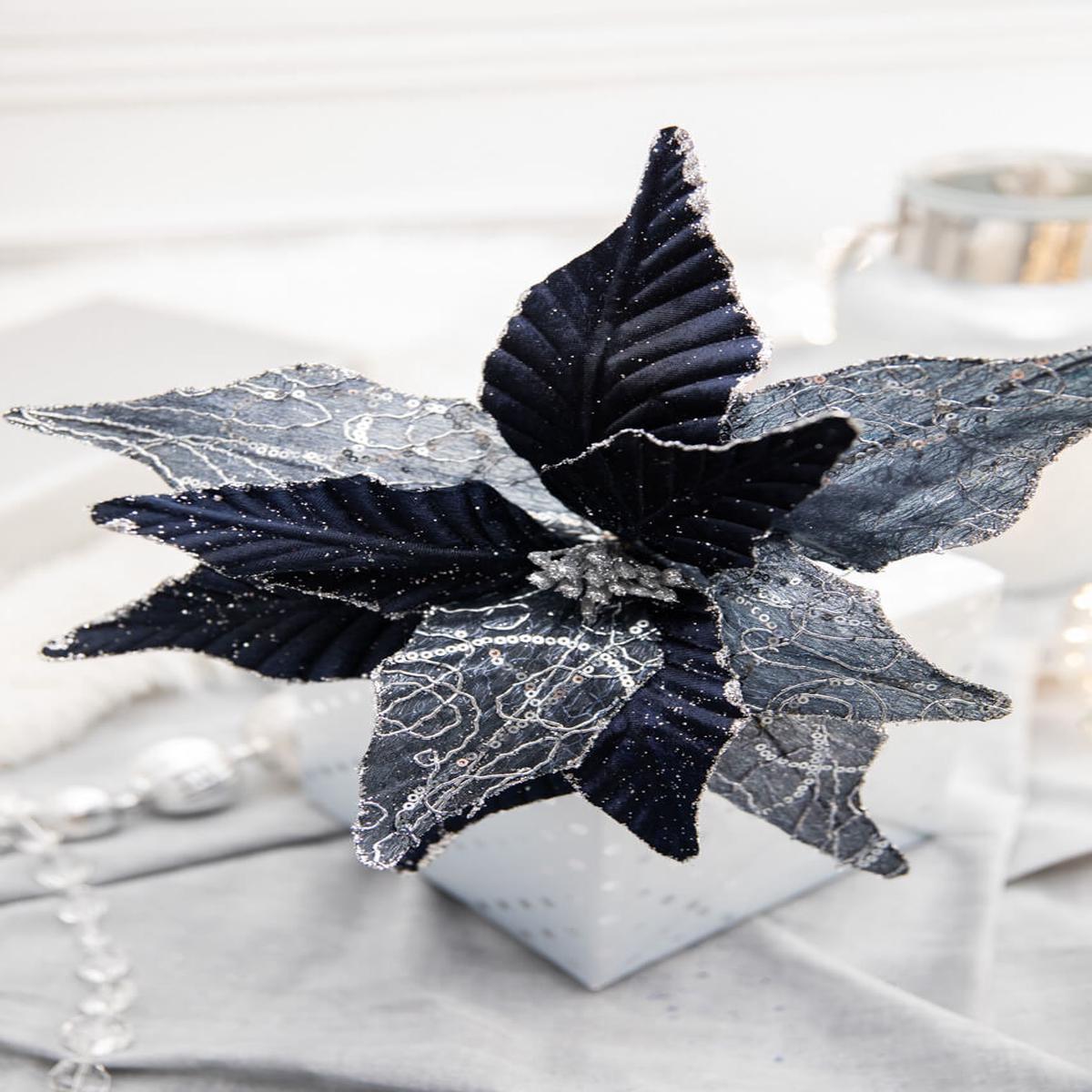 24 Inch x 13 Inch Winters Night Navy Poinsettia Stem