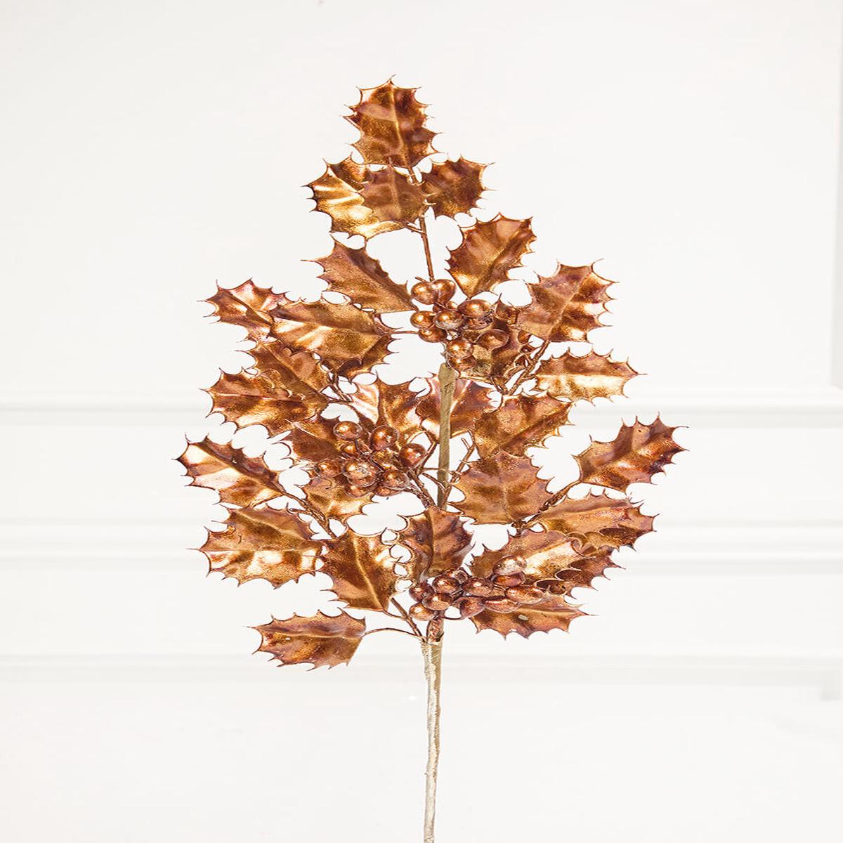 27 Inch Copper Metallic Holly Berry Stem