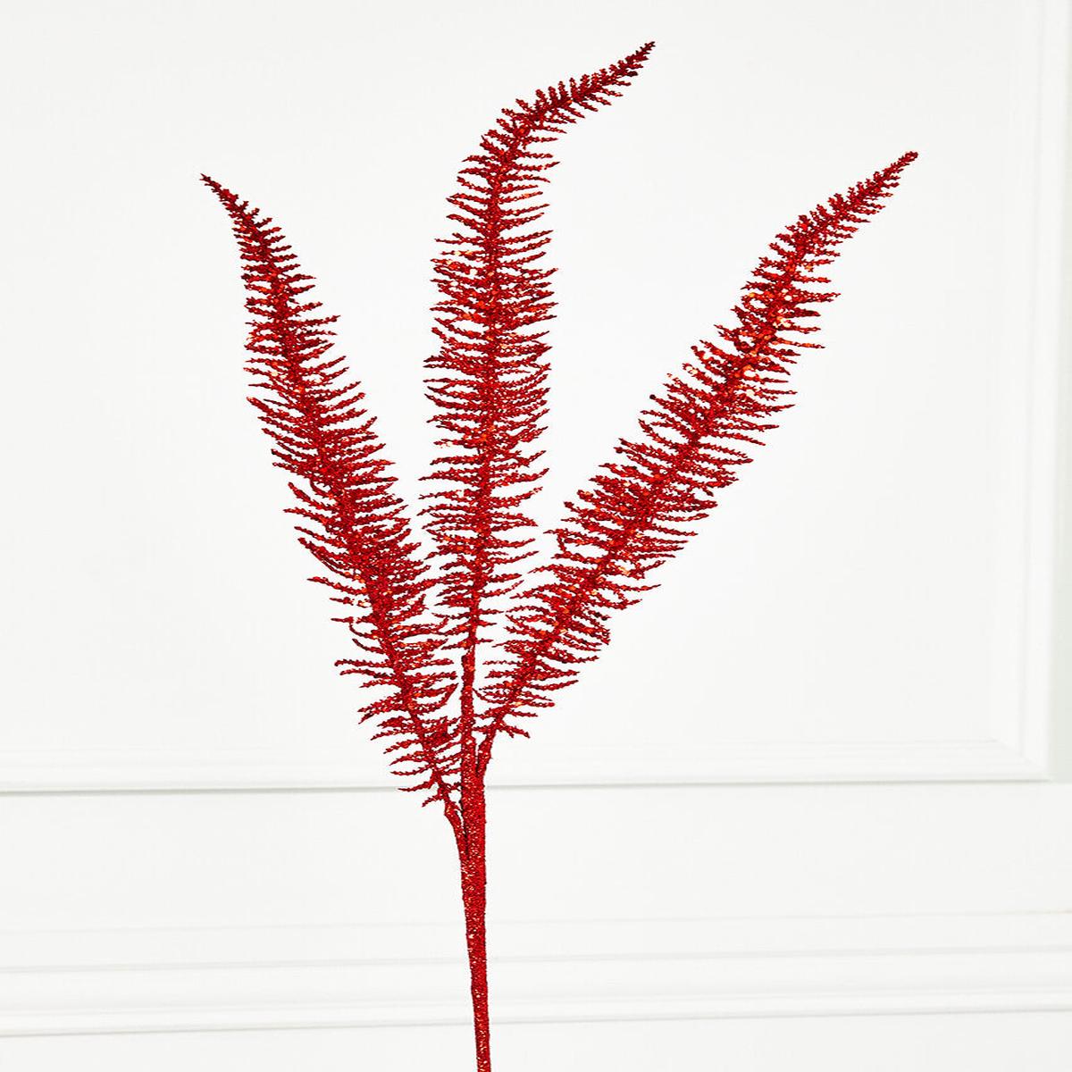 35 Inch Glitter Fern Spray  Red Decorative Christmas Floral Pick