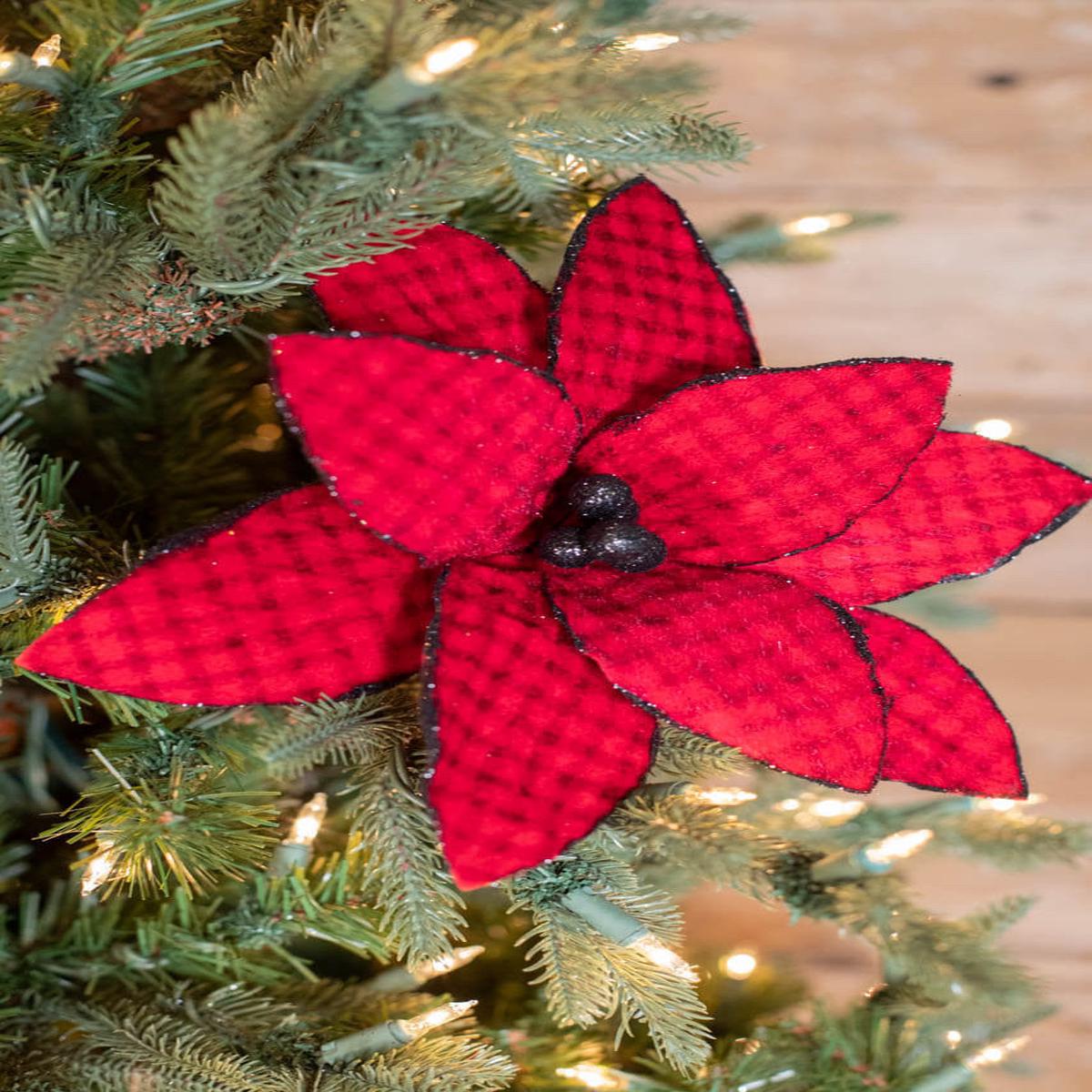 Red Black Buffalo Check Velvet Poinsettia Stem 24 Inch Decor