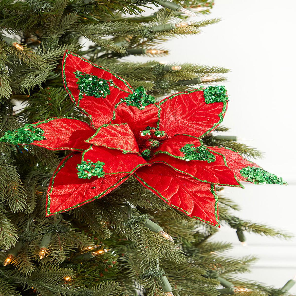 Red Green Glitter Tip Poinsettia Stem 22 Inch Christmas Decor