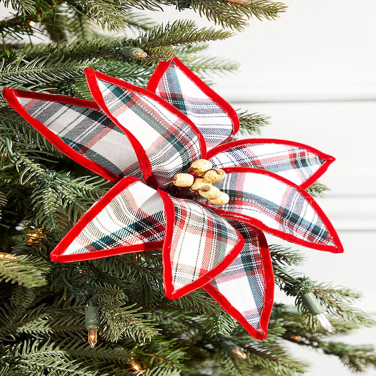 Red Green Plaid Poinsettia Stem 23 Inch Christmas Flower Decor