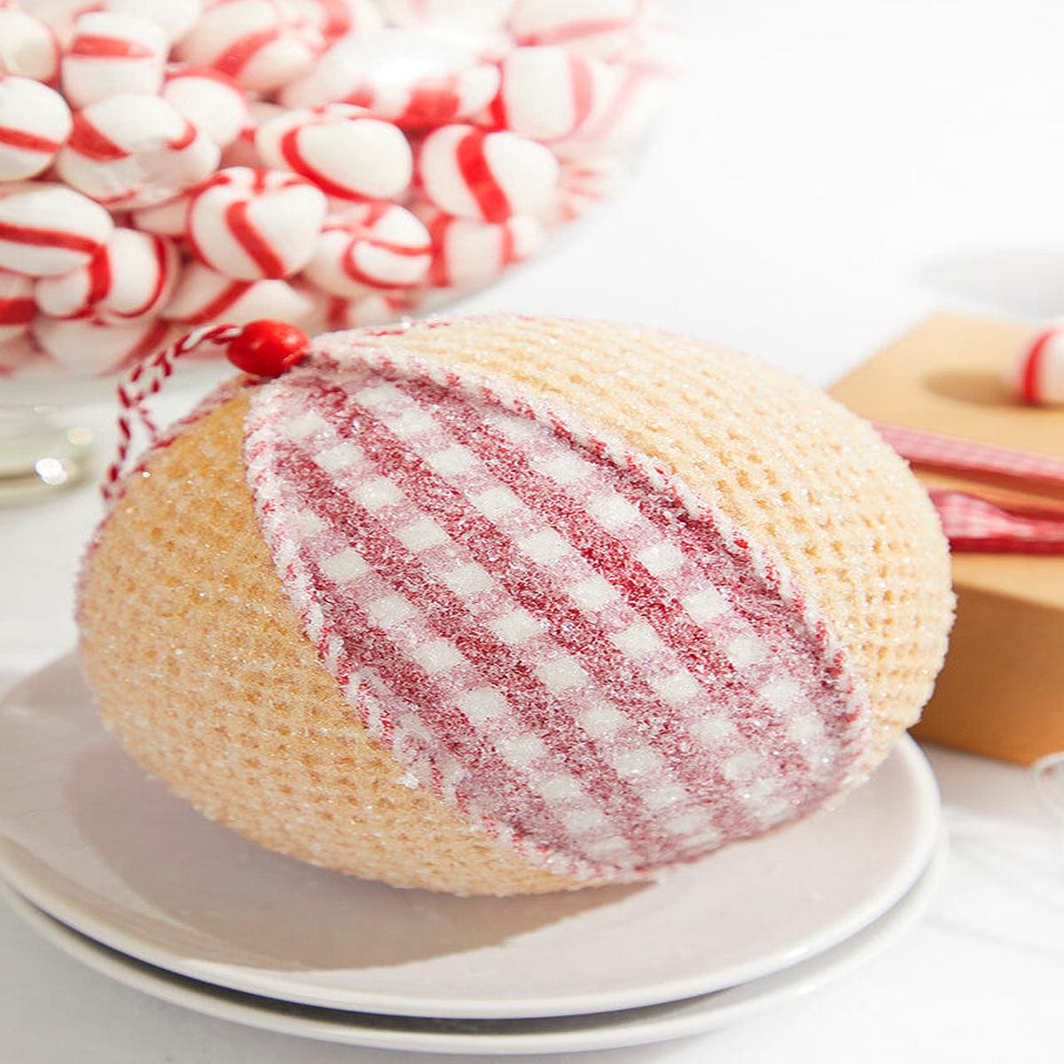 Red White Plaid Waffle Ball Ornament 5 Inch Christmas