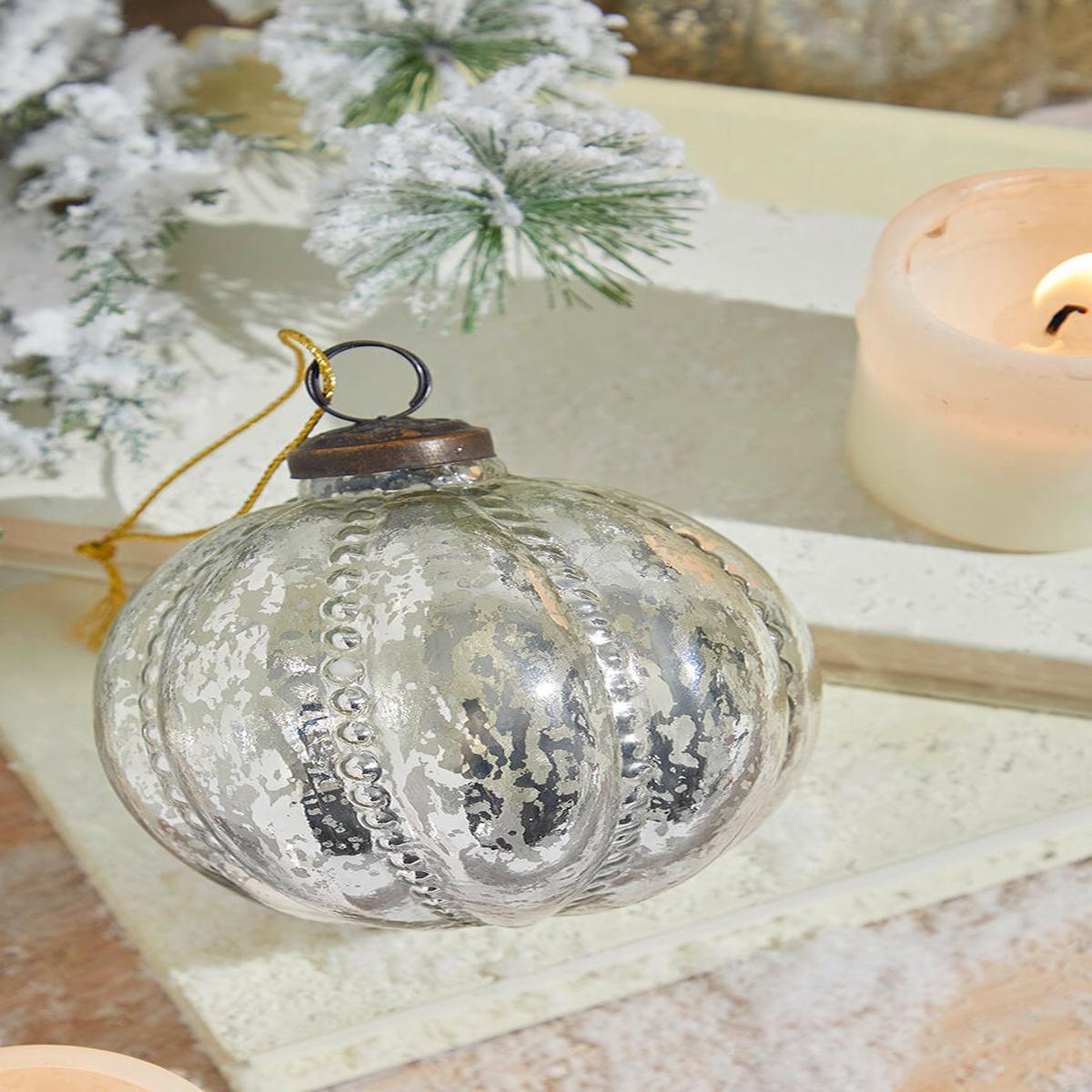 Silver Beaded Mercury Glass Ornament 4 Inch Vintage Style
