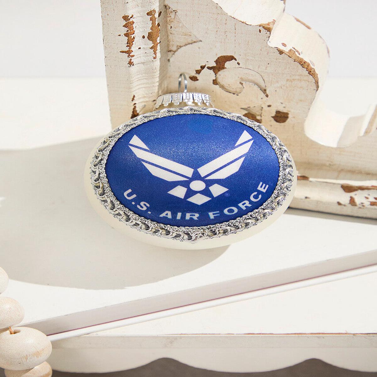 Silver Pearl 3 1/4 Inch Ball with Silk Air Force Logo and Hymn Ornament