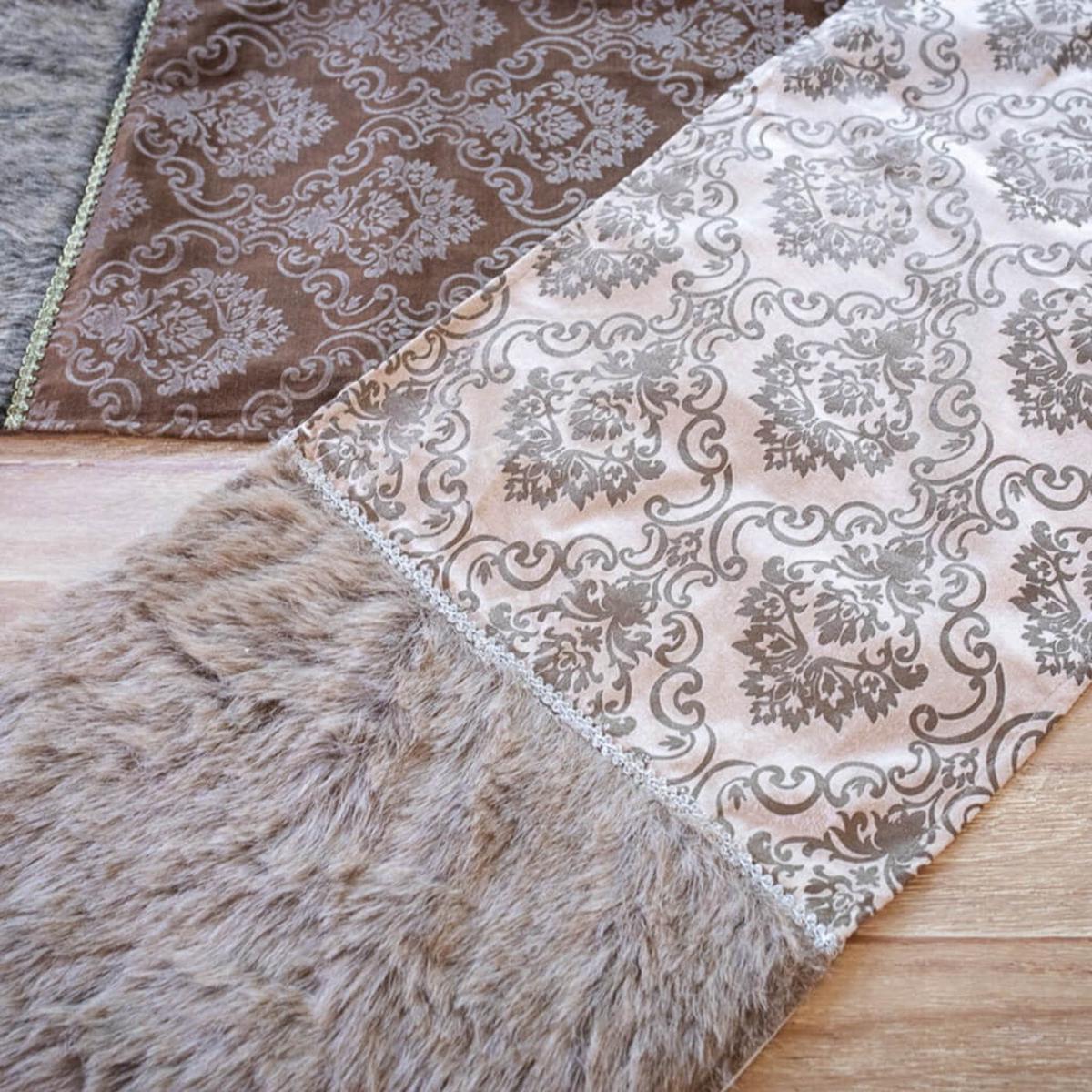 Taupe Printed Velvet Fur Trim Table Runner Elegant 15x72 Inch Luxury Dining Decor