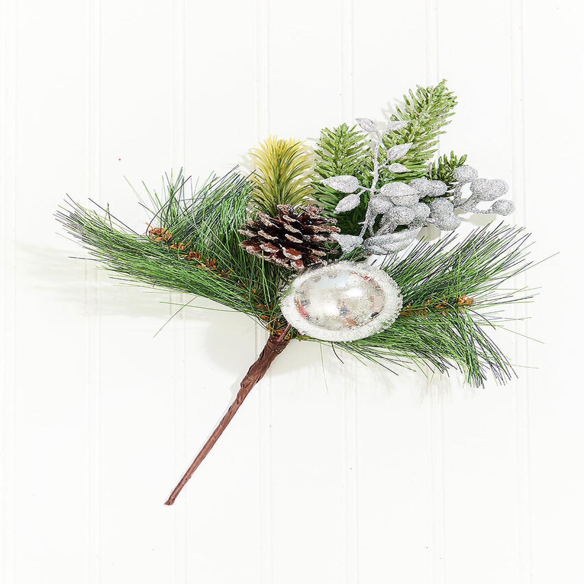 14.5 Inch Silver Glitter Pine Cone Ornament Spray Decorative Christmas Pick