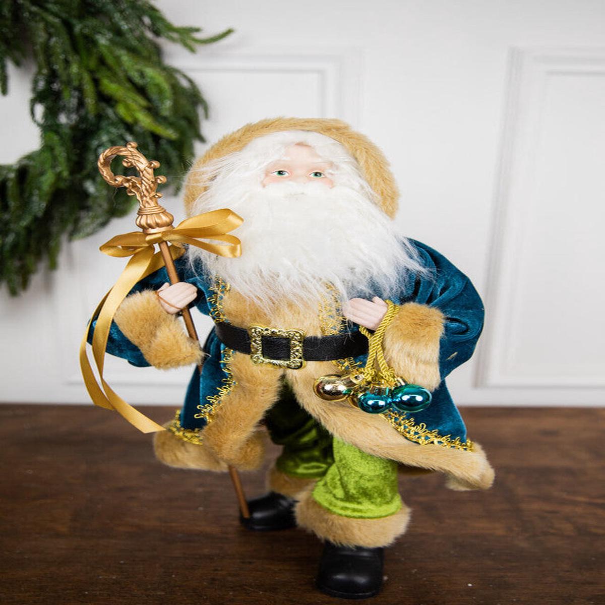 18 Inch Blue Coat Santa Holiday Figurine with Staff