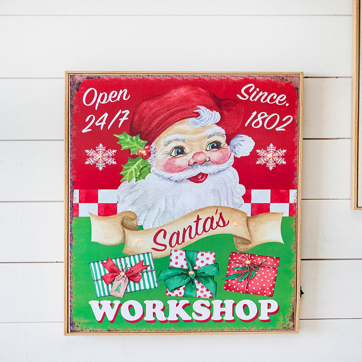 19.6 Inch Lighted Wood Holiday Wall Sign Vintage Christmas Decor Santas Workshop or Christmas Cheer LED Battery Operated Wall Art