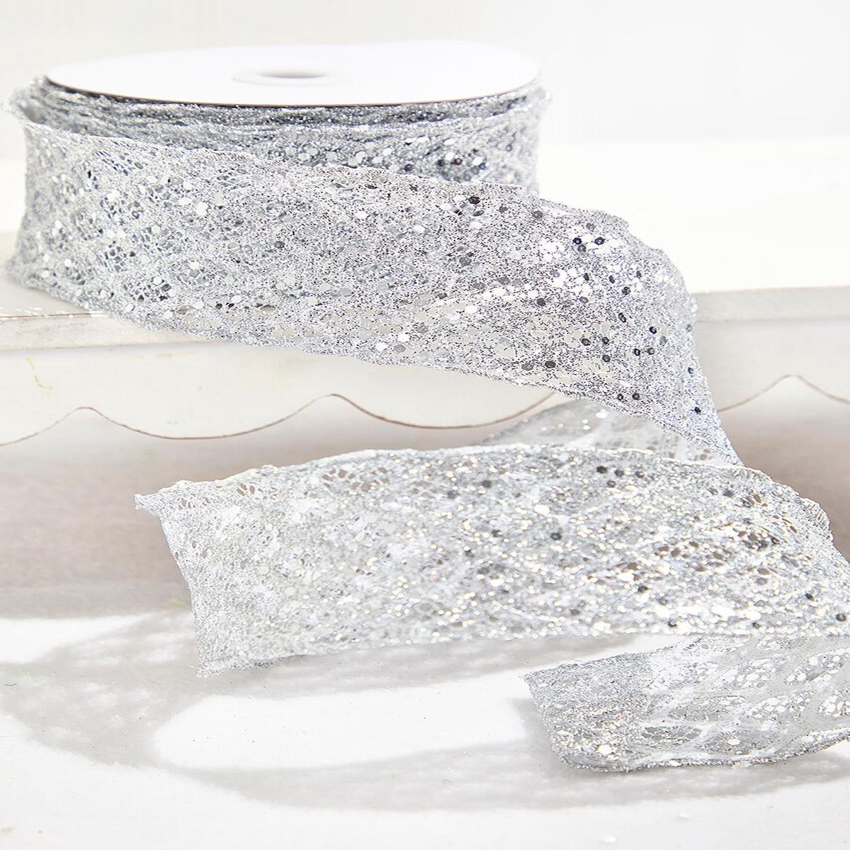 2.5 Inchi x 10 Yard Silver Wired Ribbon Glitter Christmas Holiday Decor