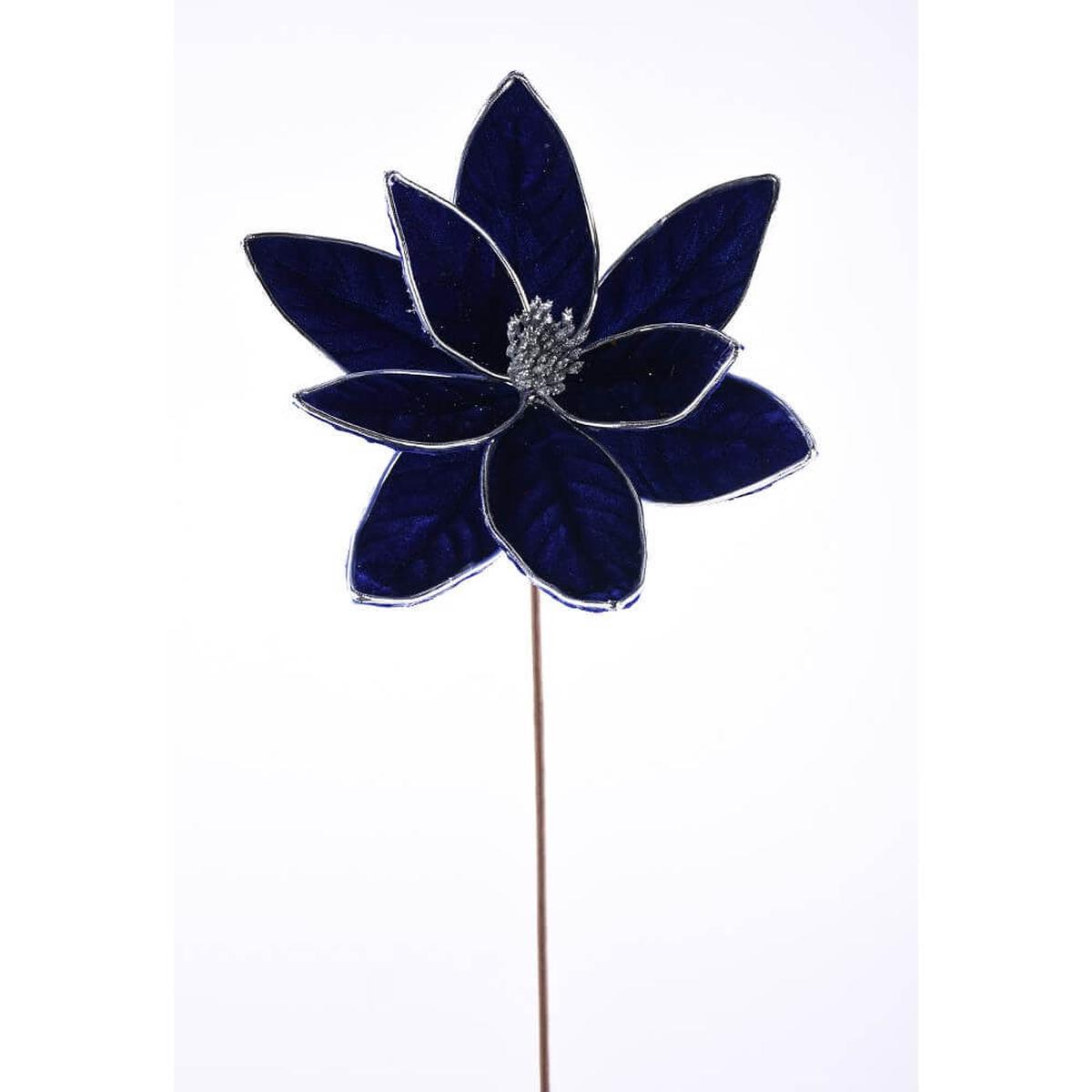 22 Inch x 11.5 Inch Blue and Silver Velvet Poinsettia Stem Decorative Christmas Floral Stem