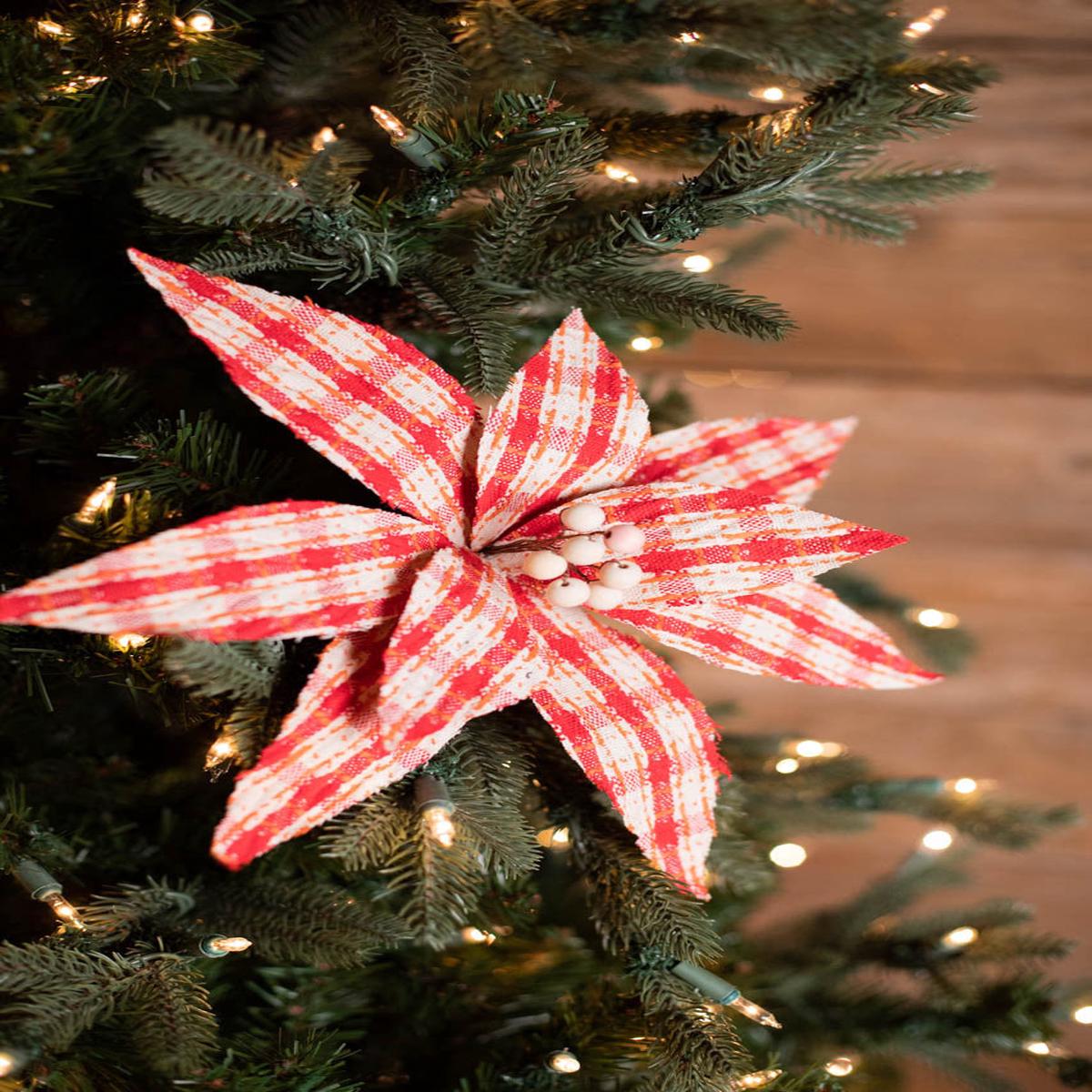 22 Inch x 12.5 Inch Red and Natural Check Poinsettia Stem
