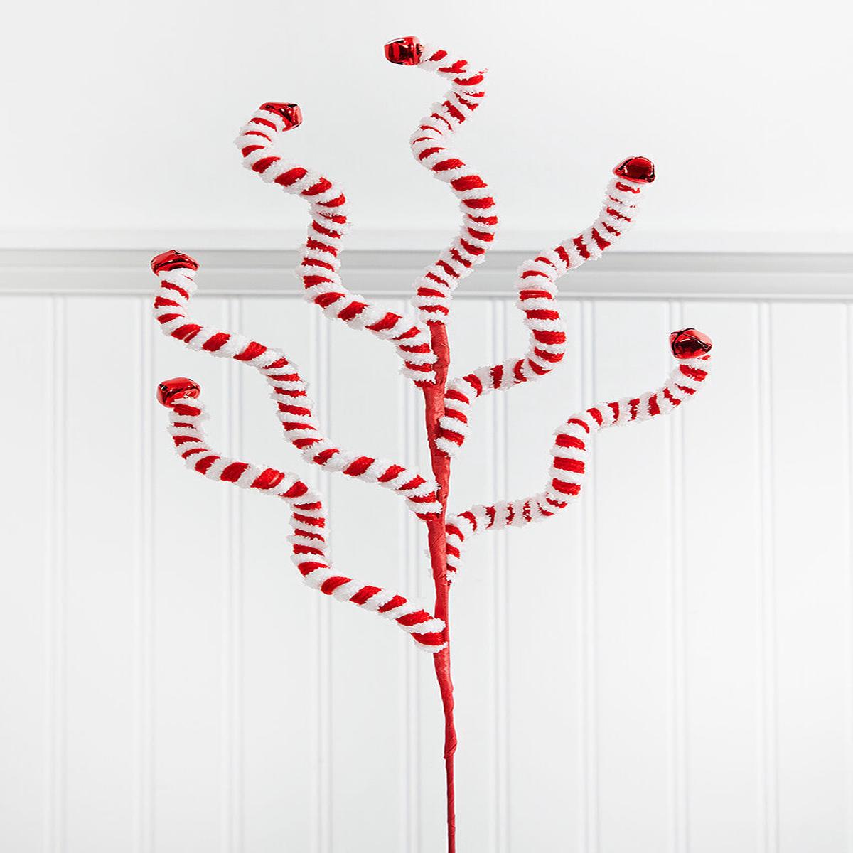 24 Inch Red and White Fabric Peppermint Stripe Jingle Bell Spray  Festive Holiday Cheer with Classic Candy Style