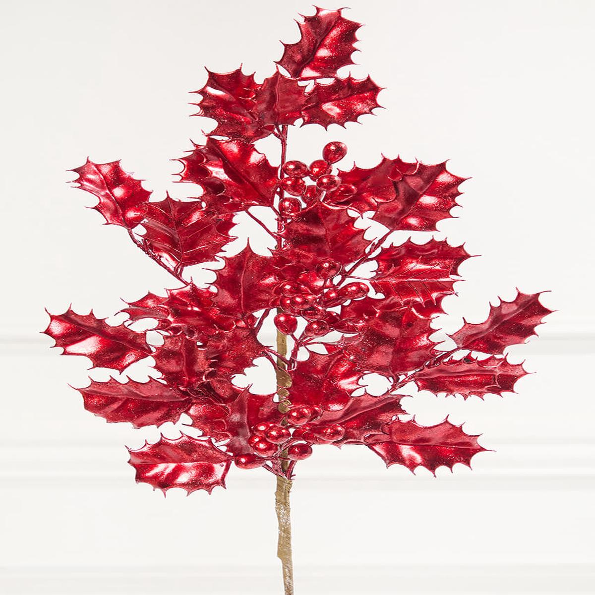 27 Inch Red Metallic Holly Berry Stem
