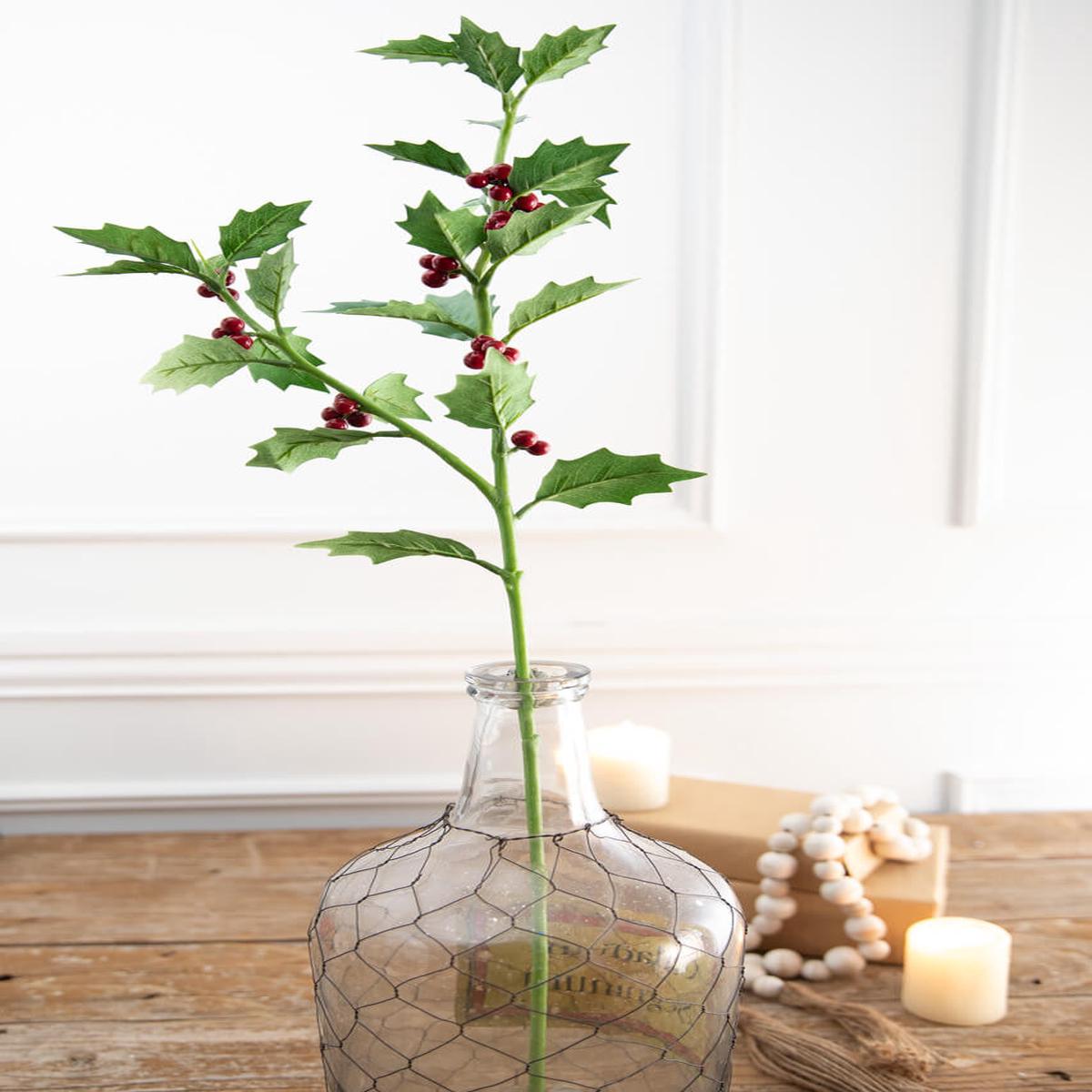 30 Inch Holly Stem with Red Berries Decorative Christmas Floral Pick