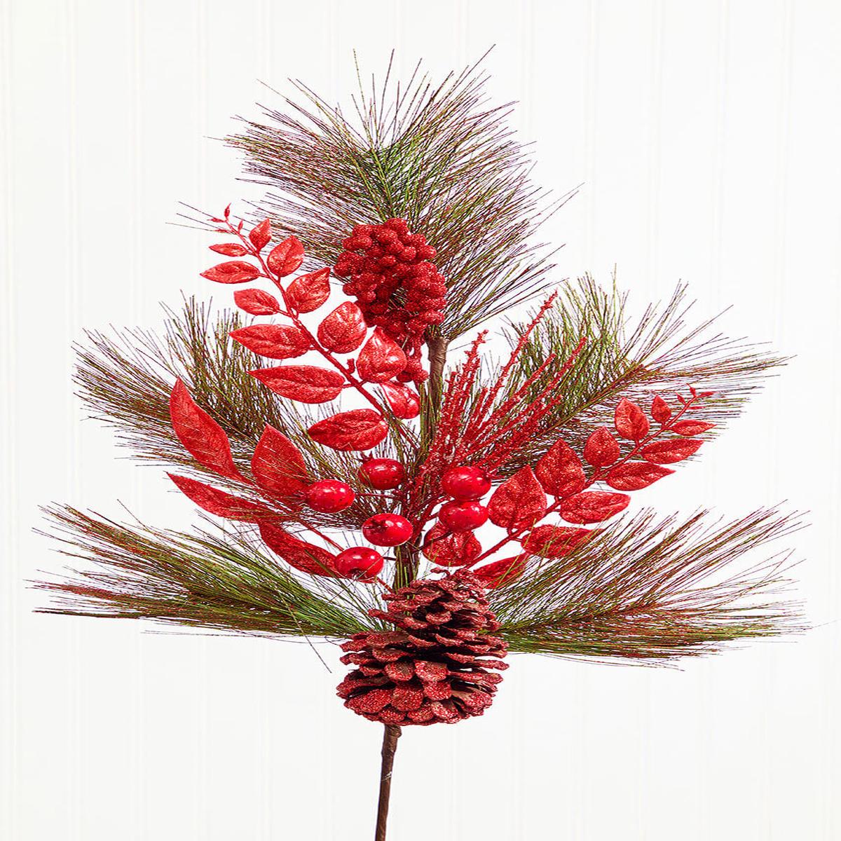 30 Inchi Berry Pine Cone Cedar Spray - Red Winter Christmas Holiday Decorative Accent