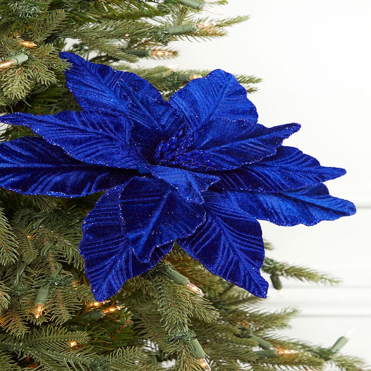 Royal Blue Velvet Poinsettia Stem 22 Inch Christmas Floral Decor