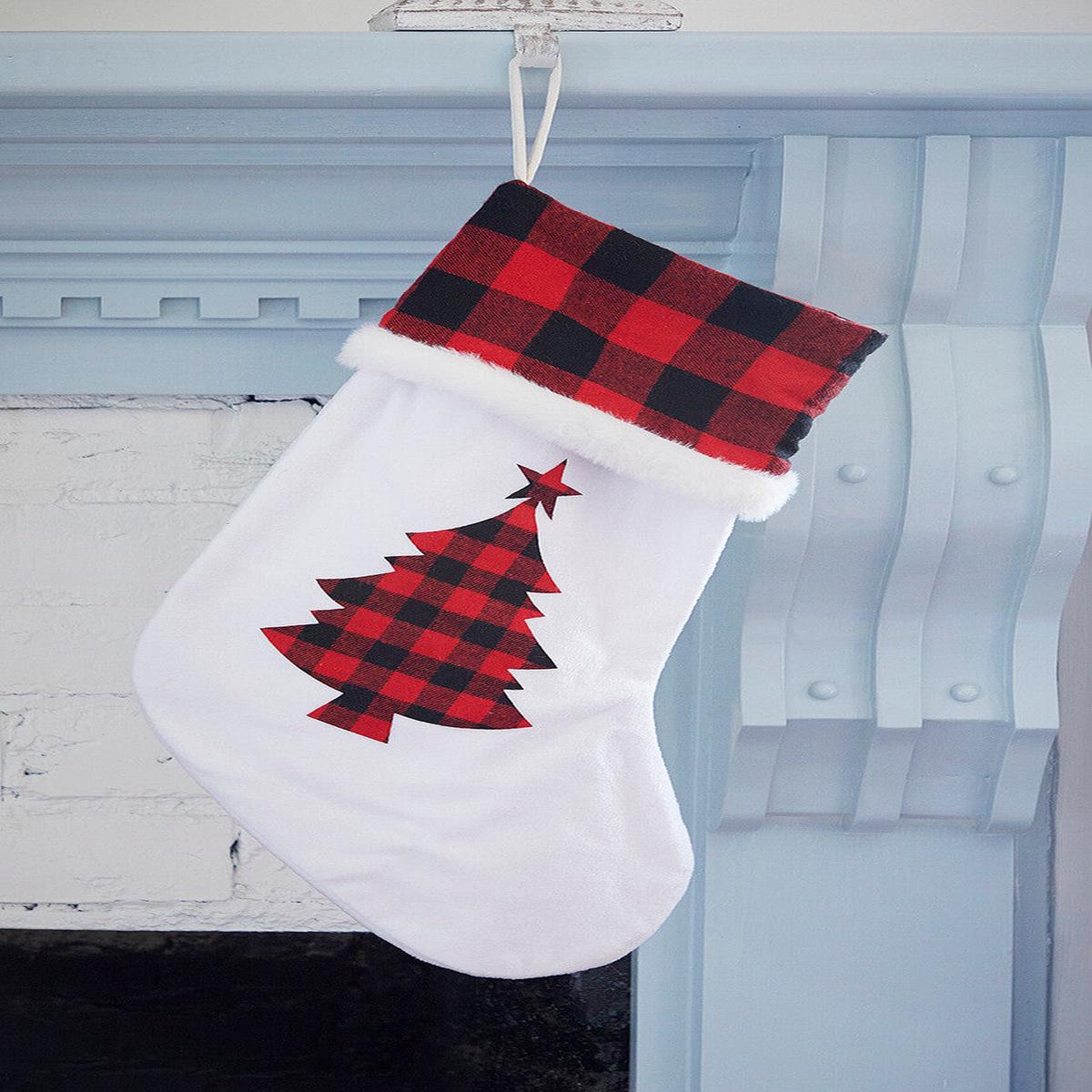 White Stocking with Buffalo Check Tree Christmas Holiday Mantel Decor