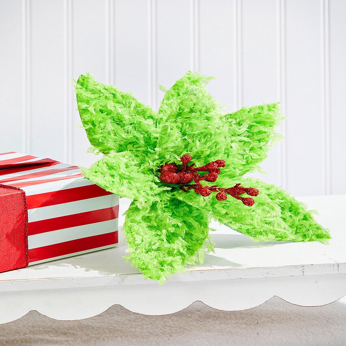 11 Inch Green Furry Feather Fabric Poinsettia
