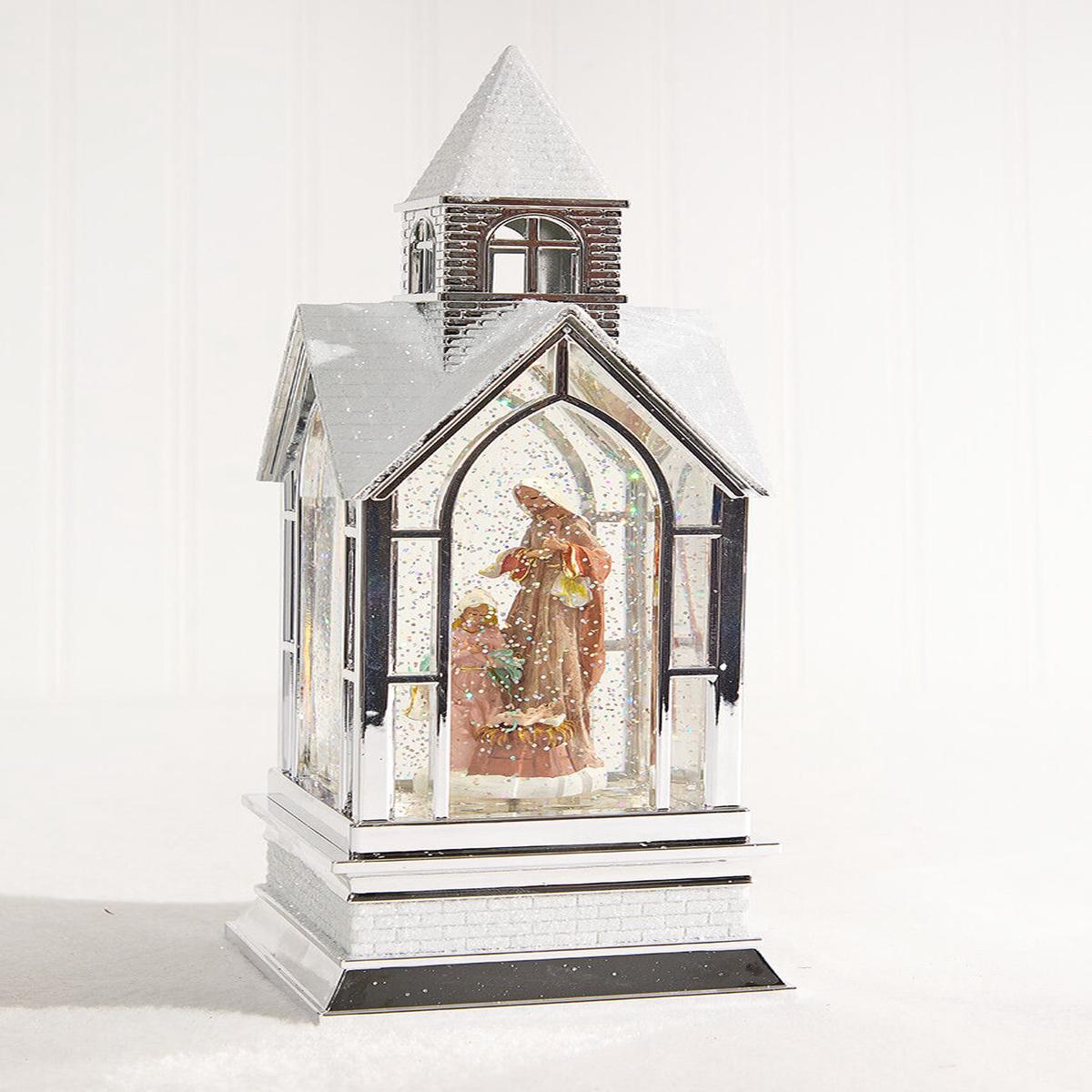12 Inch LED Nativity in Church Waterglobe Snow Globe Christmas Illuminated Religious Holiday Tabletop Decor