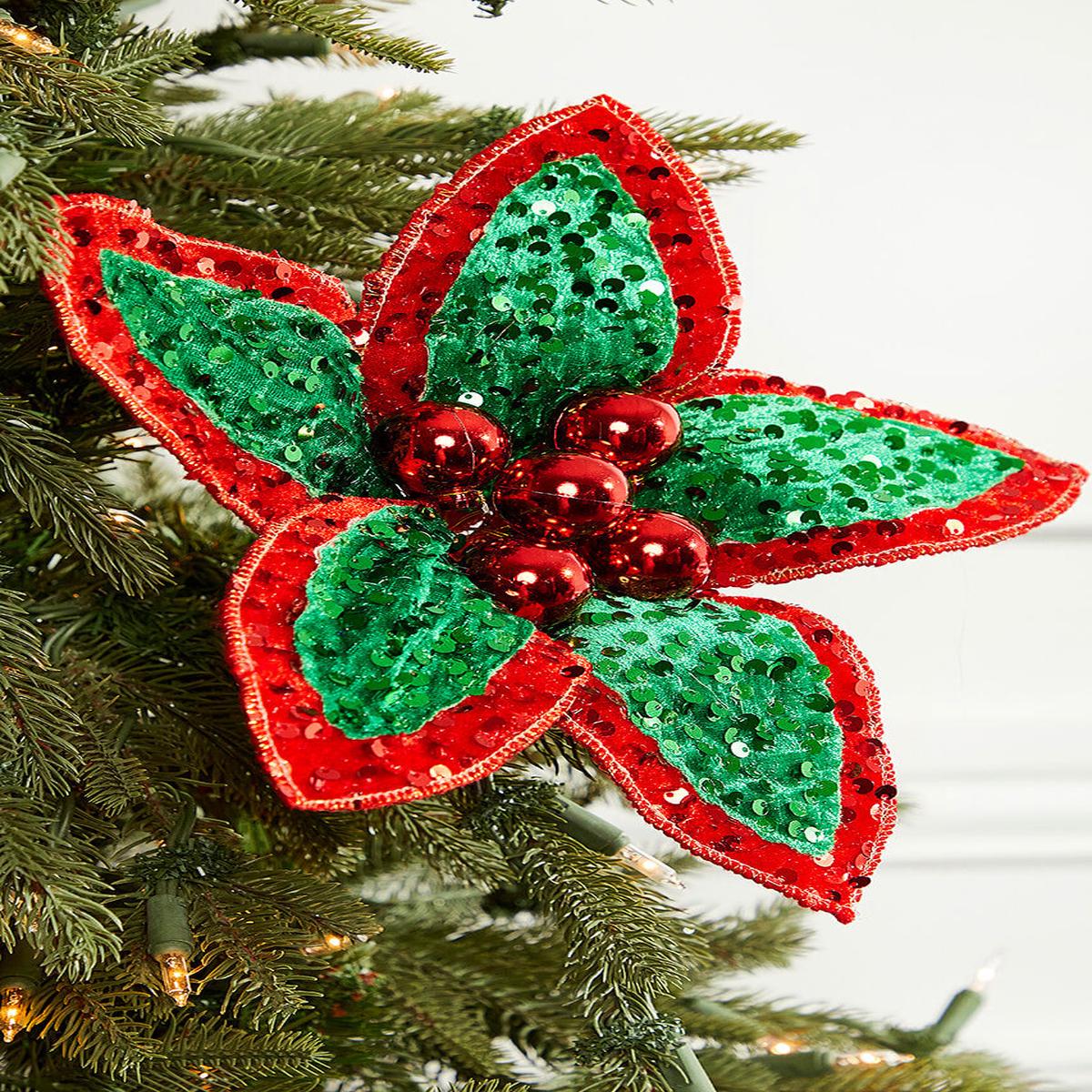 22 Inch Red Green Sequin Poinsettia Stem Christmas Tree Decor