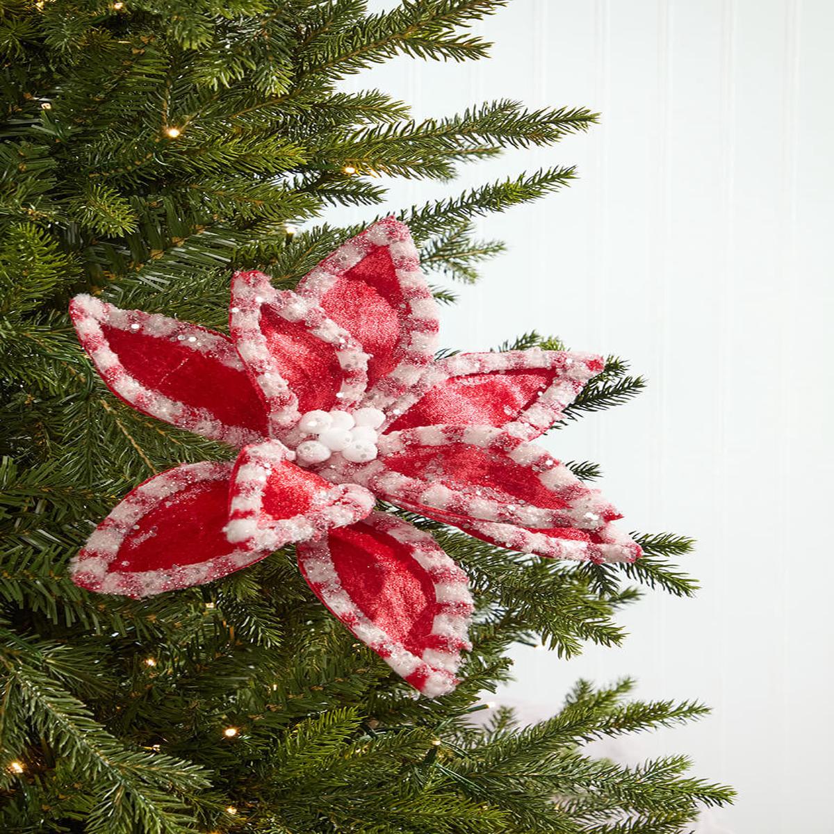 22 Inch Red & White Candy with Snow Glitter Poinsettia Stem