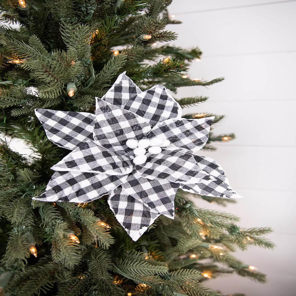 22 Inch x 10.5 Inch Black and White Plaid Poinsettia Stem with White Berries