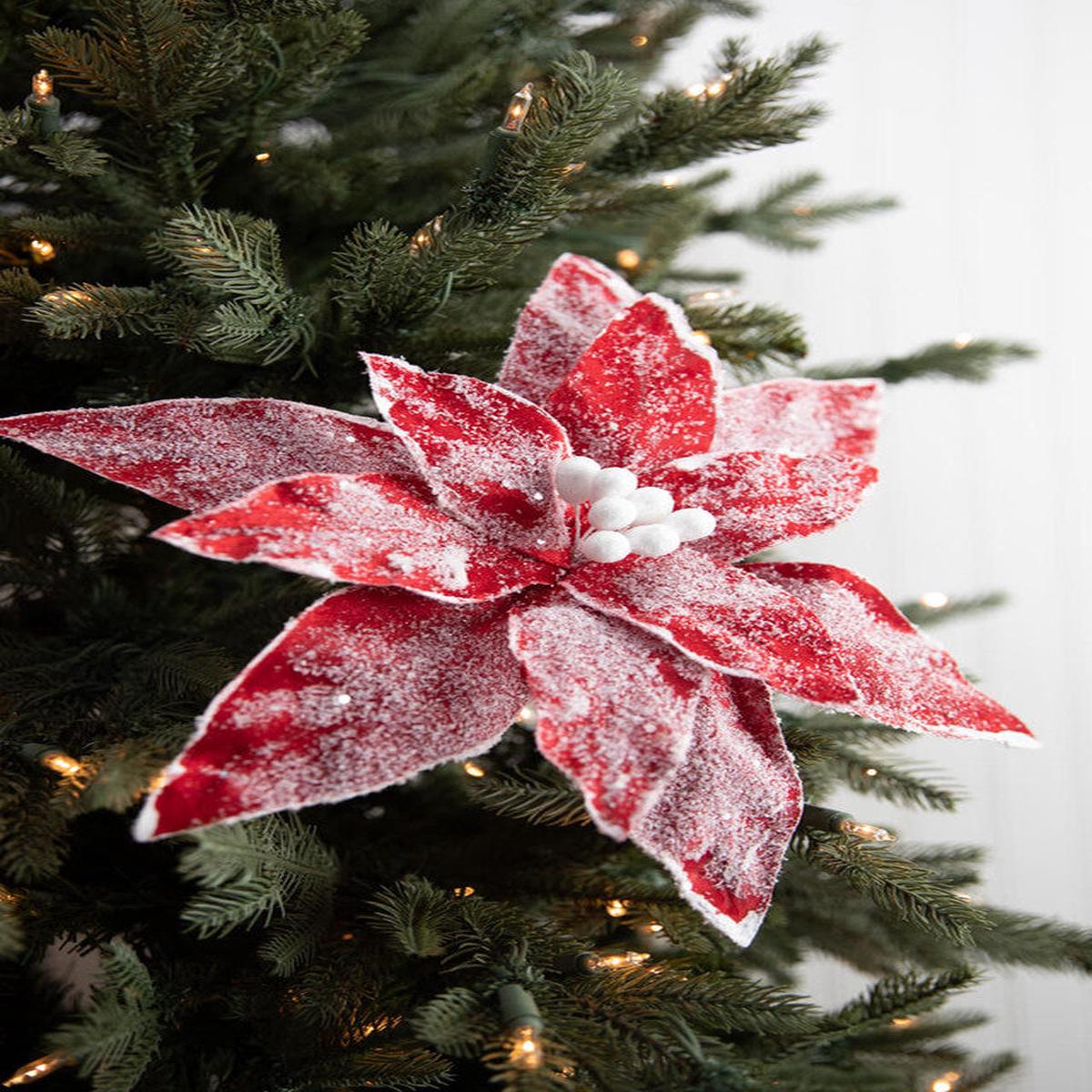 22 Inch x 13 Inch Sugar Poinsettia Spray  Red | Frosted Winter Elegance for Festive Holiday Dcor