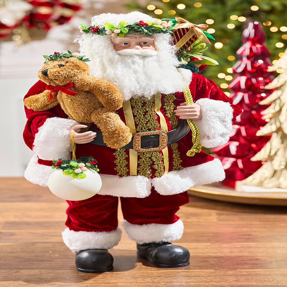 24 Inch Resin Botanica Santa with Bear and Ball Holiday Christmas Figurine Dcor