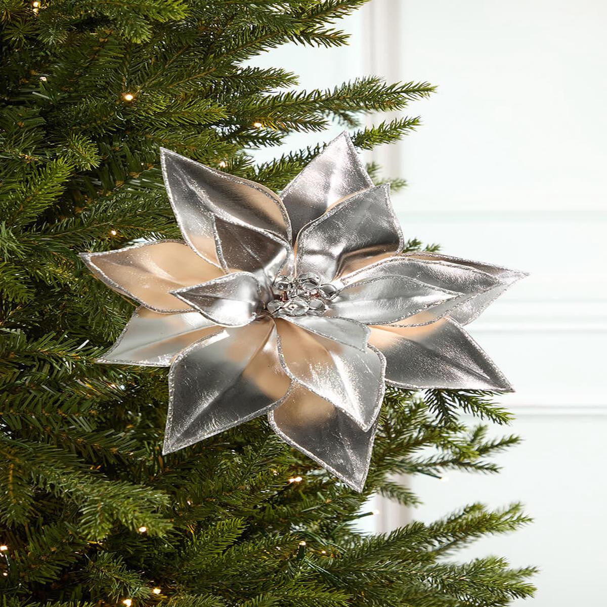 24 Inch Silver Retro Poinsettia Stem with Jingle Bells  Vintage Holiday Sparkle with Festive Sound