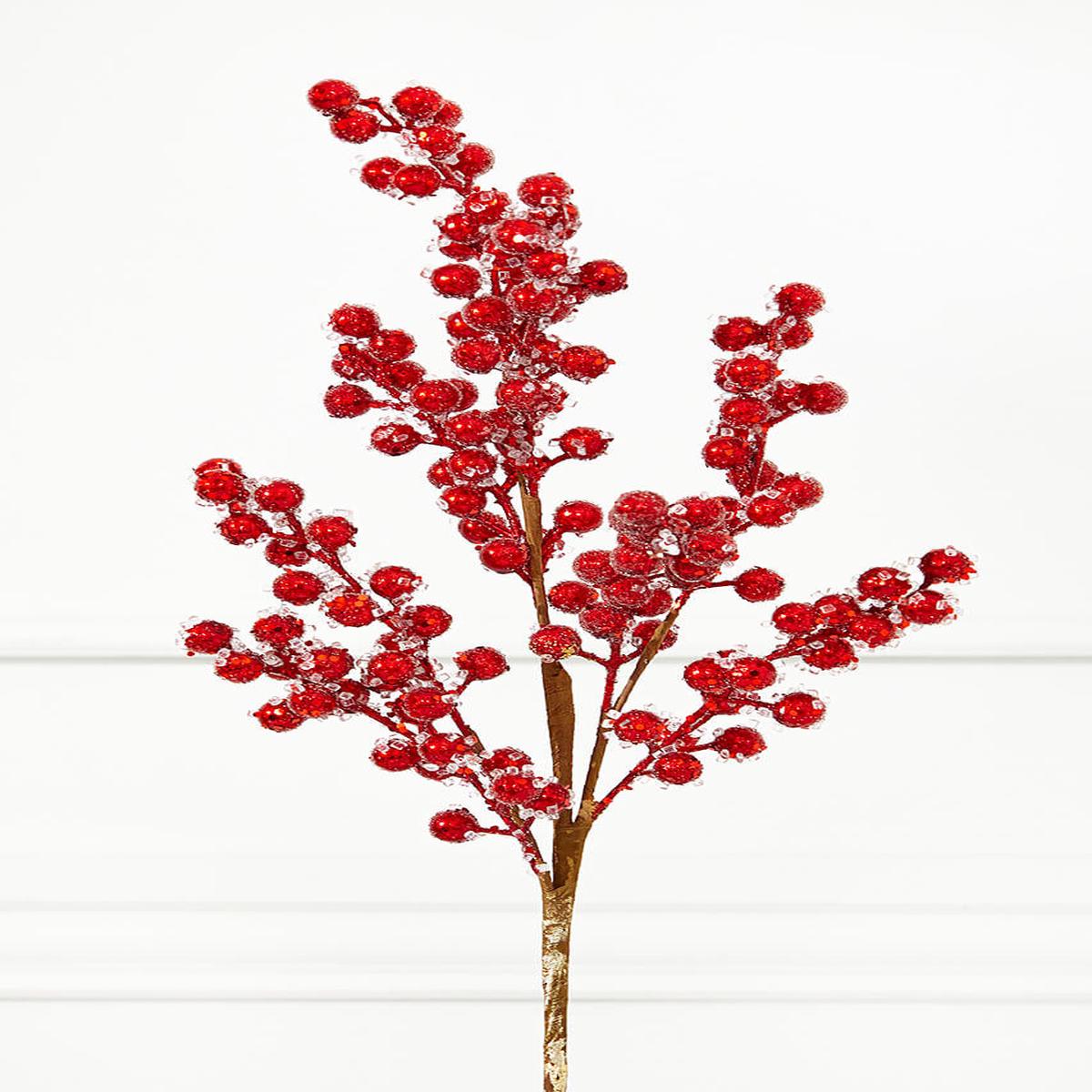 27 Inch Beaded Iced Red Berry Spray