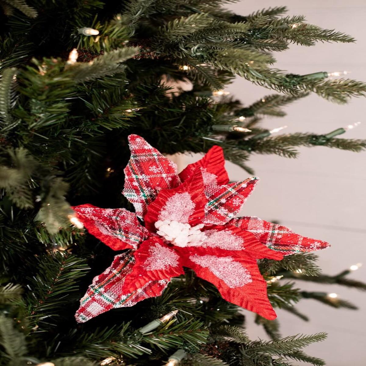 34 Inch x 13 Inch Frost Snowflake Plaid Velvet Poinsettia Stem