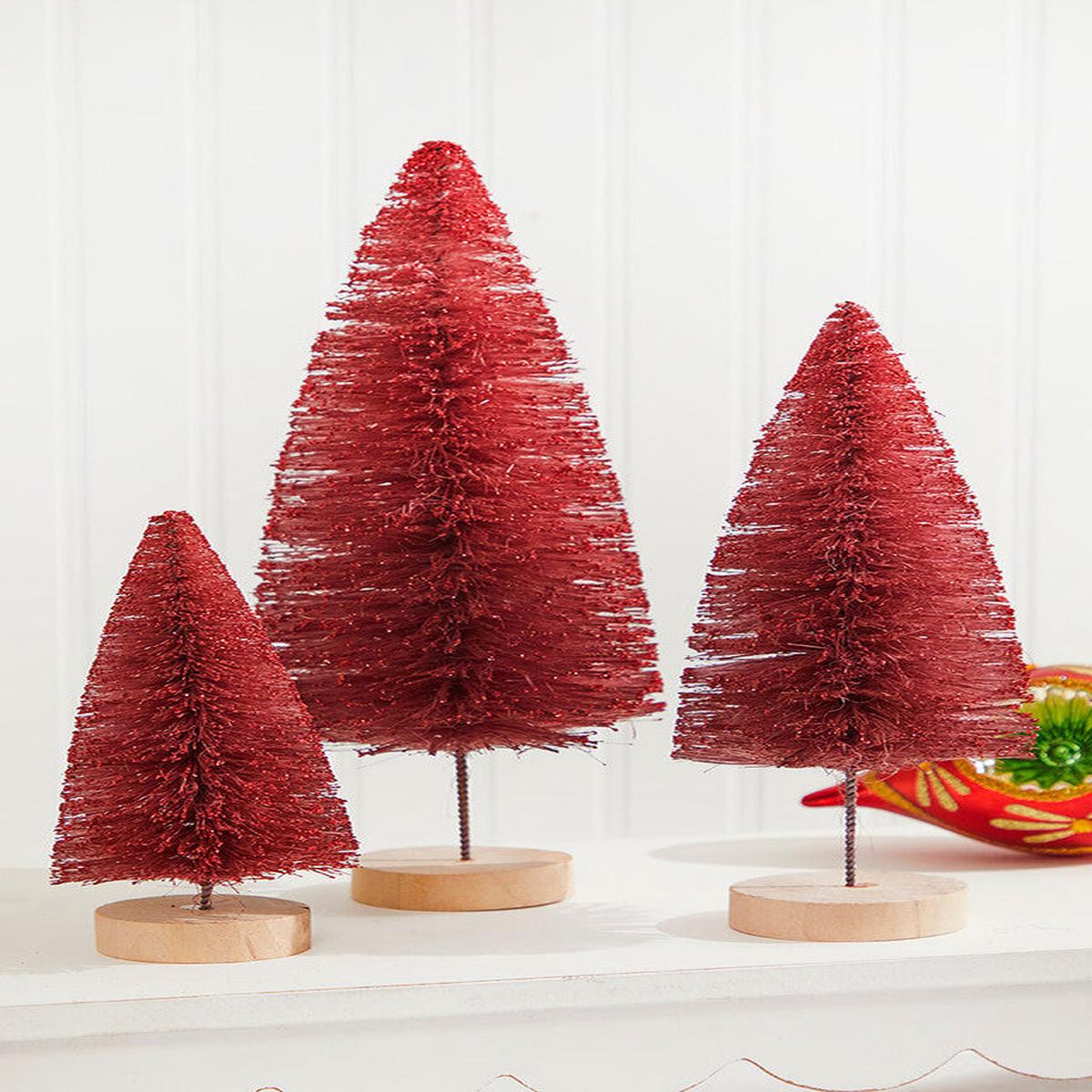 Red Bottle Brush Trees Set of 3 Christmas Table Decor