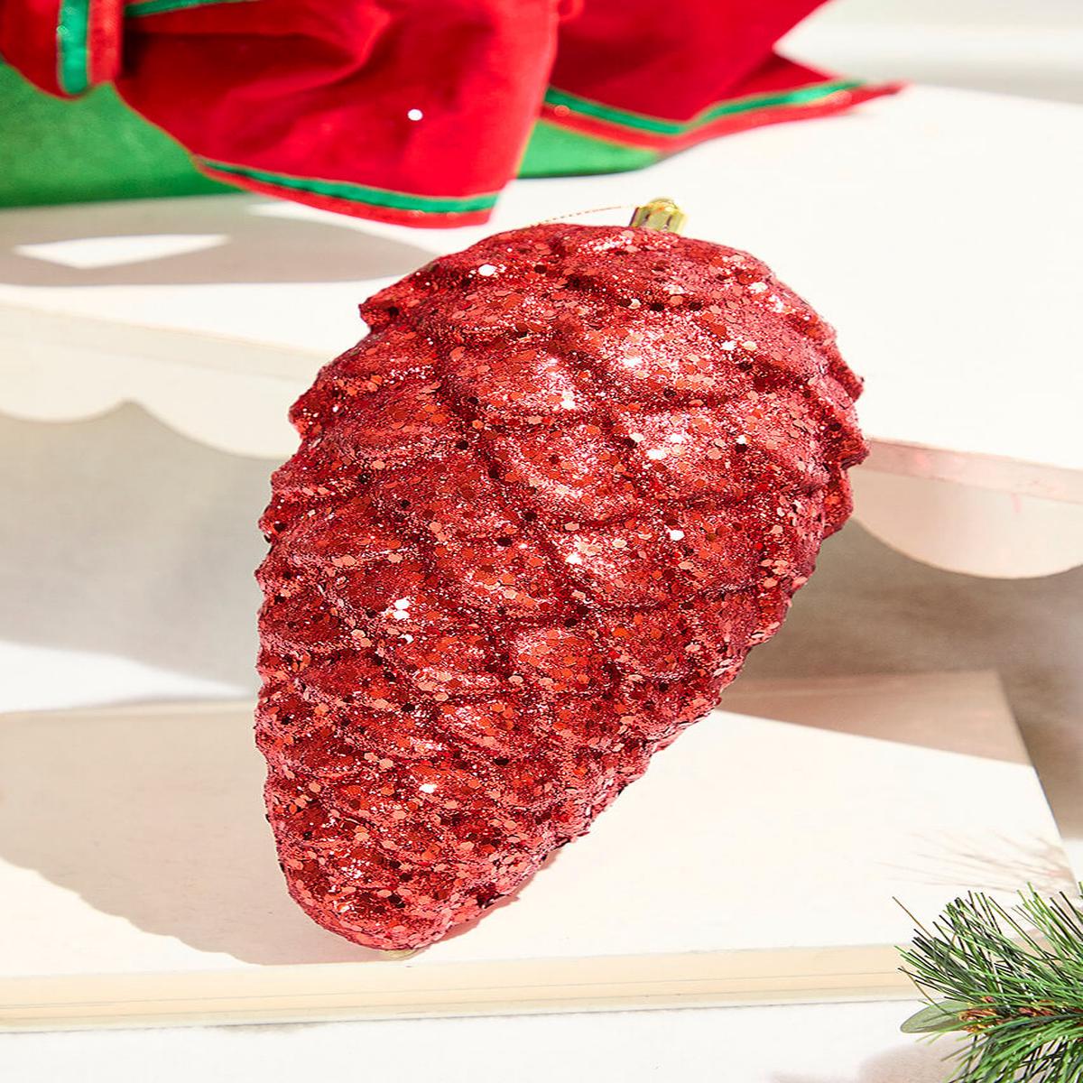 Red Glitter Pine Cone Ornament 9 Inch Hanging Christmas Decor