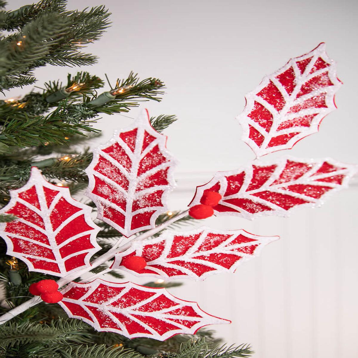 Red White Leaf Stem with Red Berries 24 Inch Christmas Decor