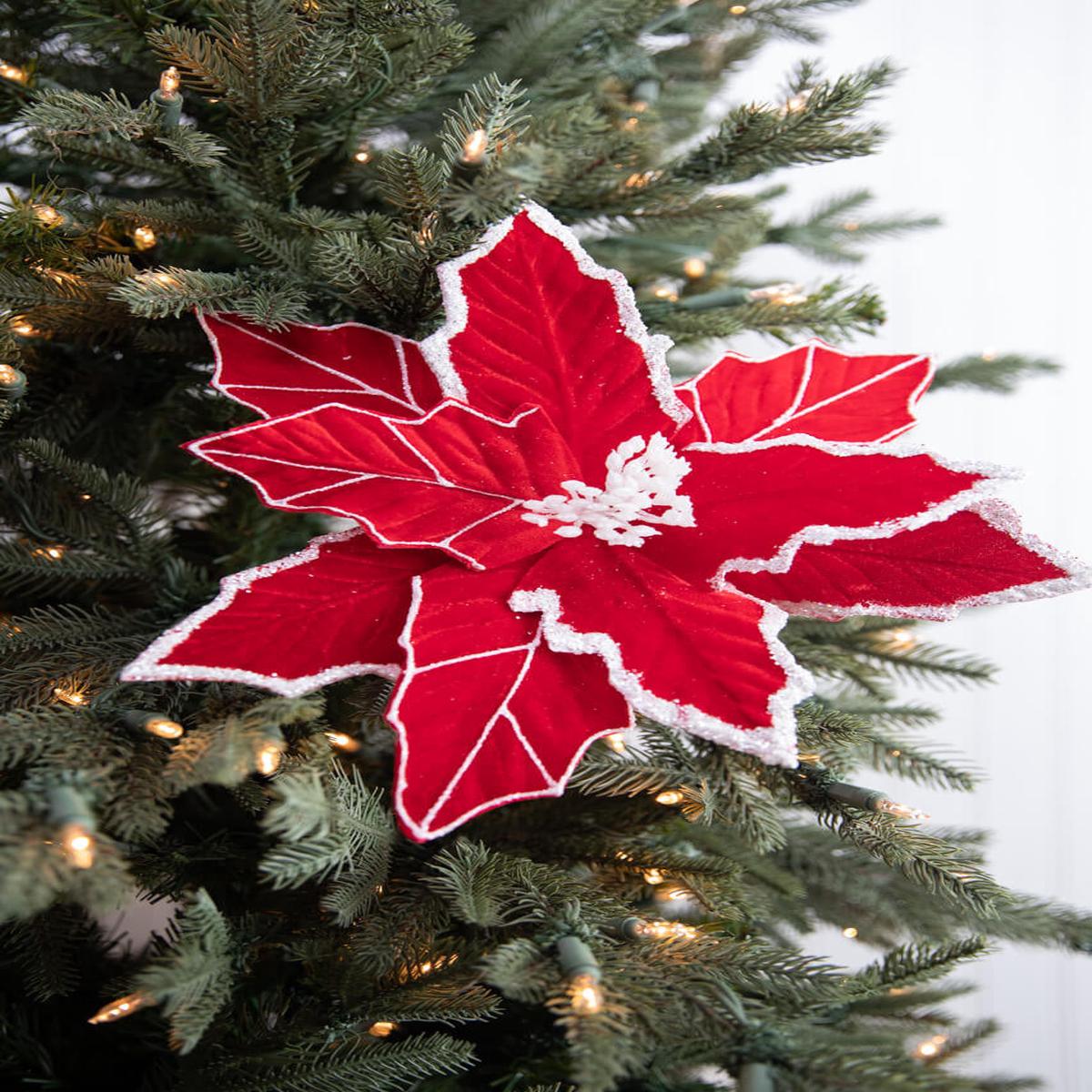 Red White Velvet Glitter Poinsettia 22 Inch Christmas Flower Decor