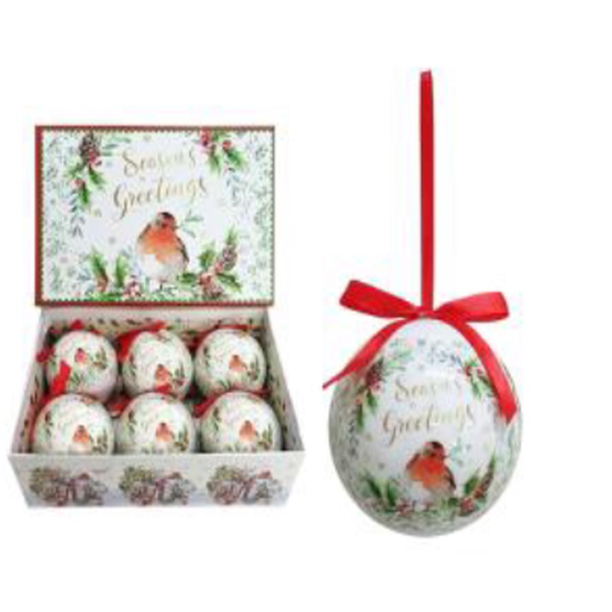 Set of 6 Baubles in Gift Box - Christmas Robin