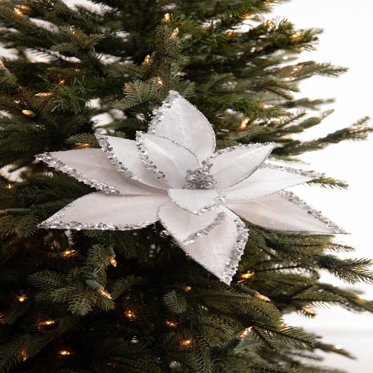 White Velvet Glitter Poinsettia Stem 22 Inch Christmas Decor