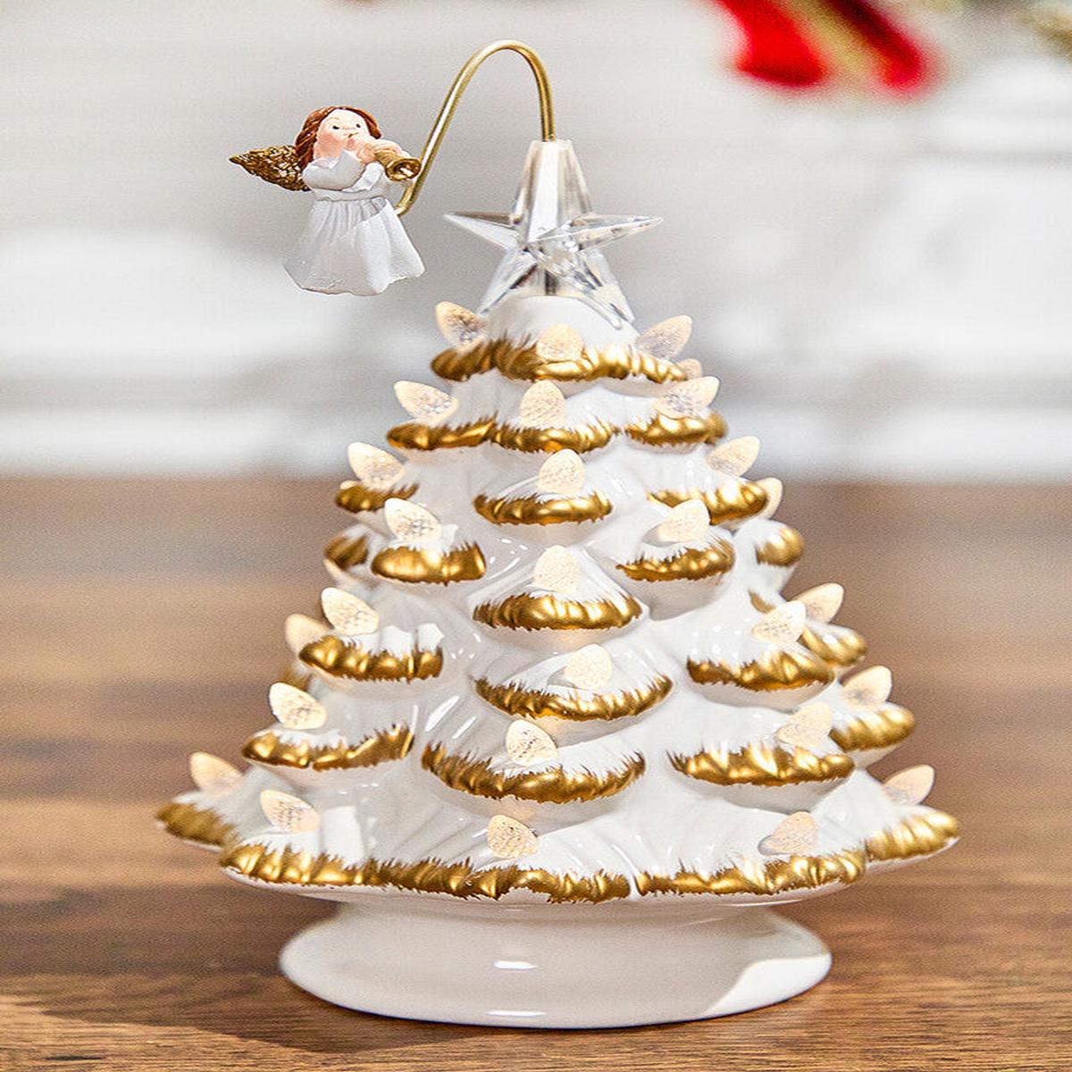 10 Inch Lighted Ceramic Christmas Tree with Rotating Angel Battery Operated Holiday Tabletop Decor with Timer