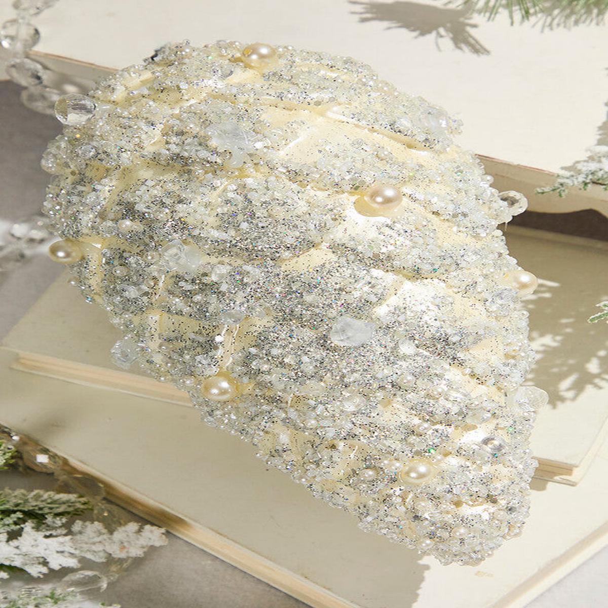 11 Inchi Pinecone Ornament with Jewel in Cream Elegant Glitter Holiday Tree Decoration