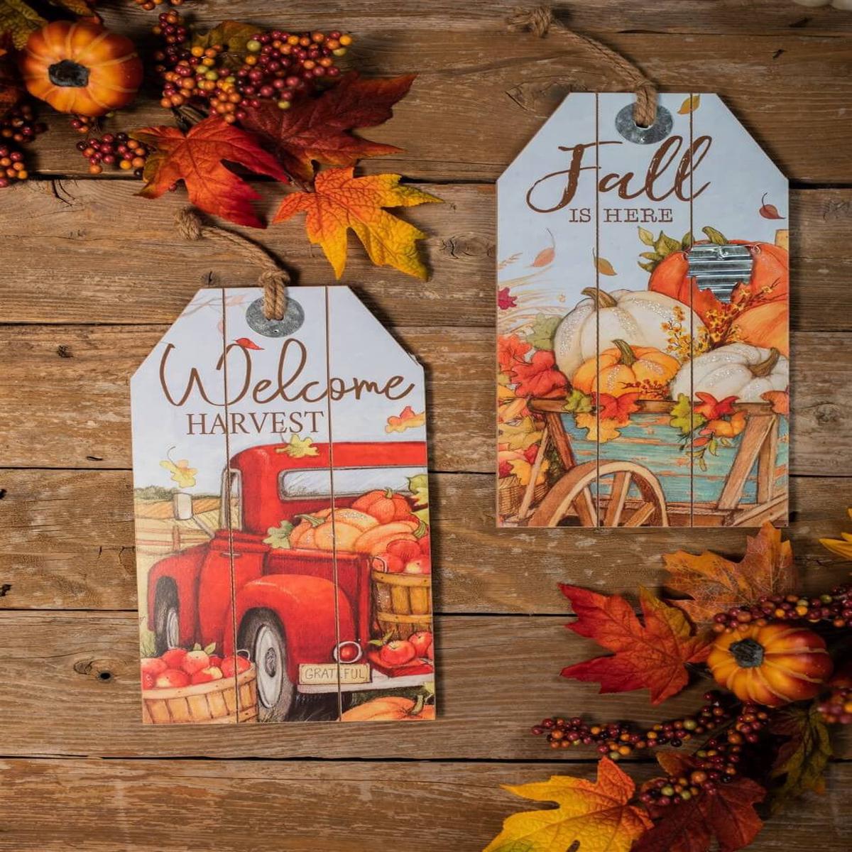 16 Inch Wood Harvest Wall Hanging Decor  Red Truck & Pumpkins