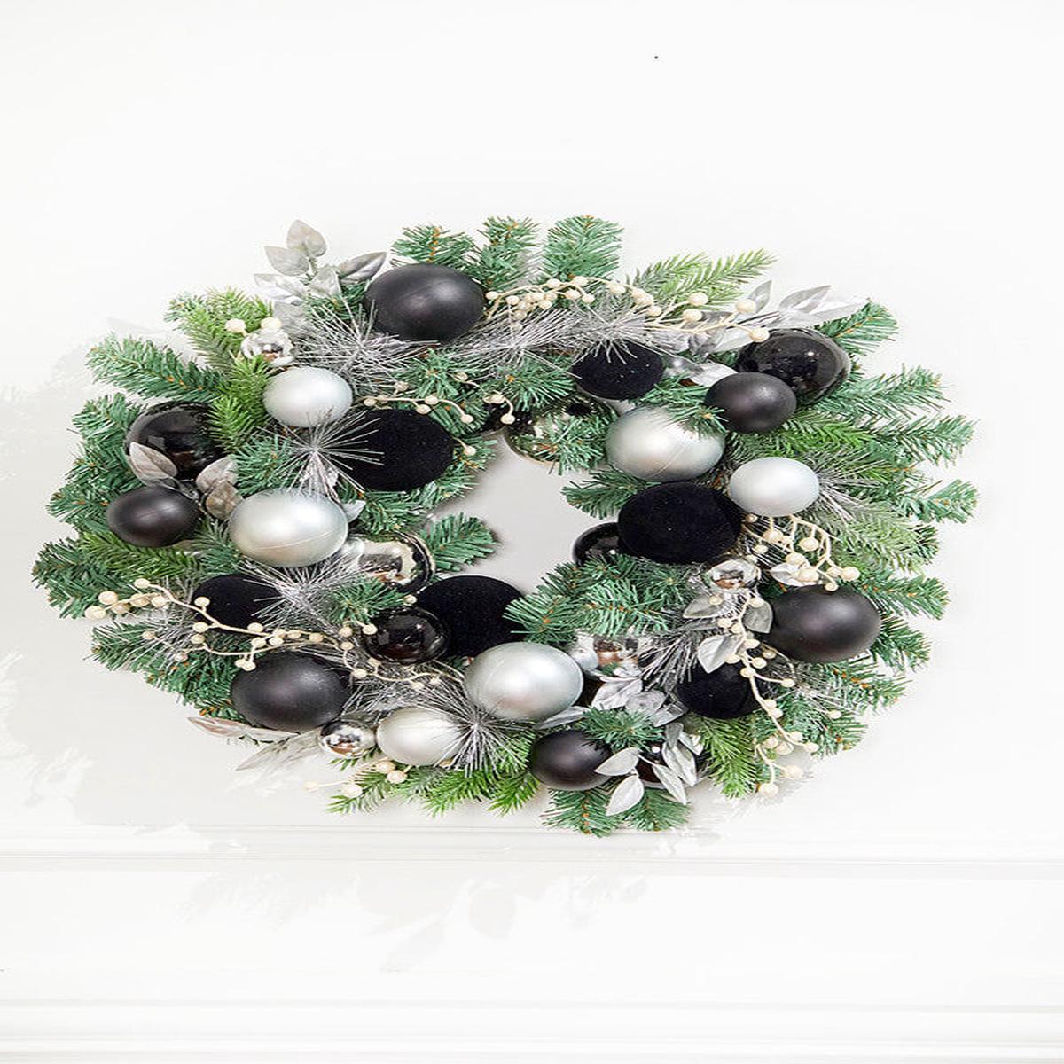 24 Inch Pine Christmas Wreath with Black Velvet Accents