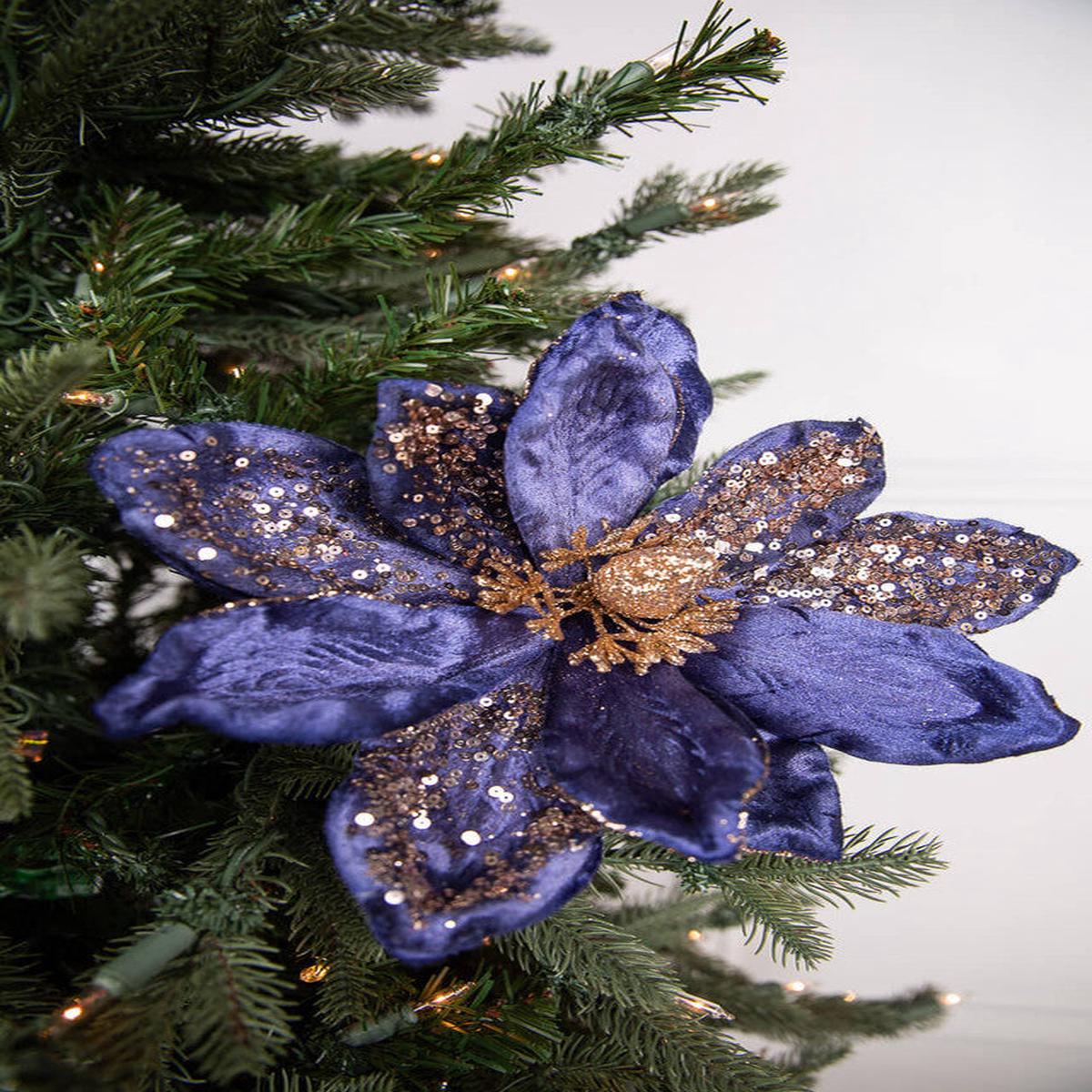 24 Inch x 11 Inch Magnolia Stem  Midnight Blue with Gold Glitter | Luxe Designer Holiday Floral Accent
