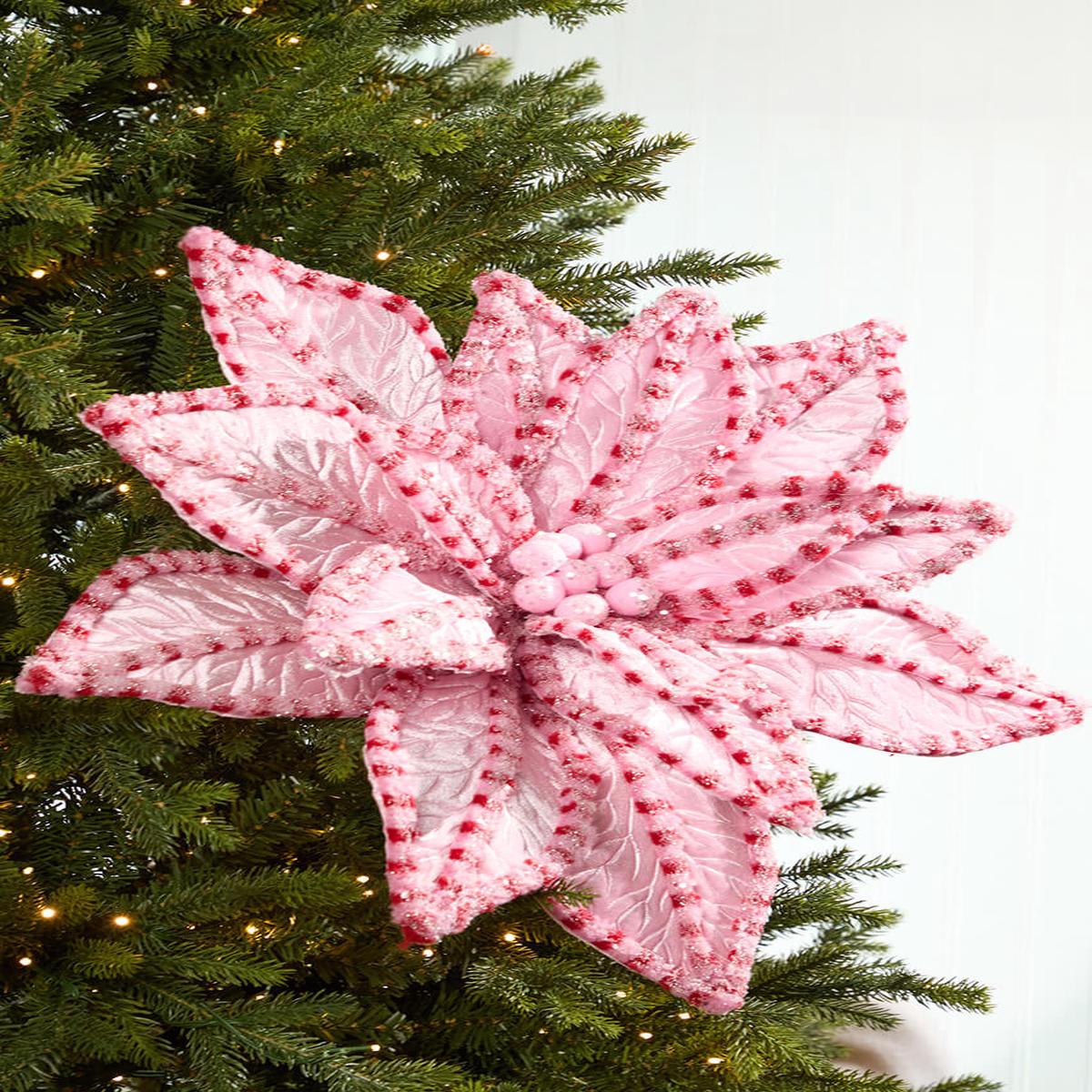 30 Inchi Giant Candy Snow Glitter Poinsettia Stem - Pink/Red Christmas Holiday Floral Decor